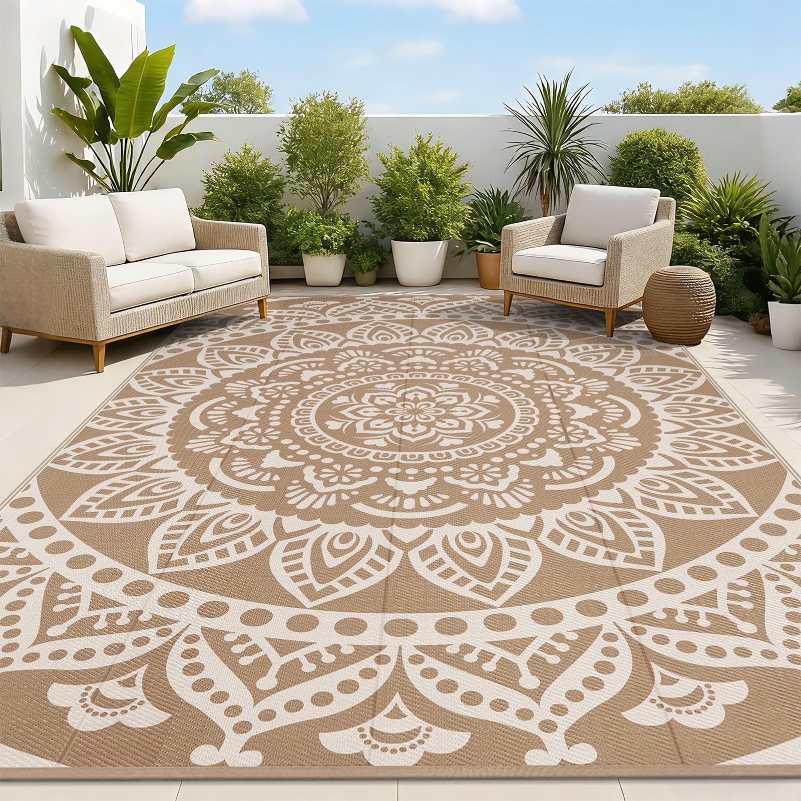 Bsmathom alfombra exterior frontal mostrando diseño marrón y beneficios estéticos