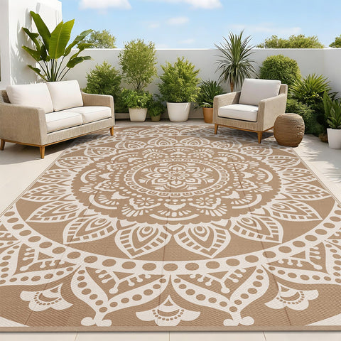 Bsmathom alfombra exterior frontal mostrando diseño marrón y beneficios estéticos