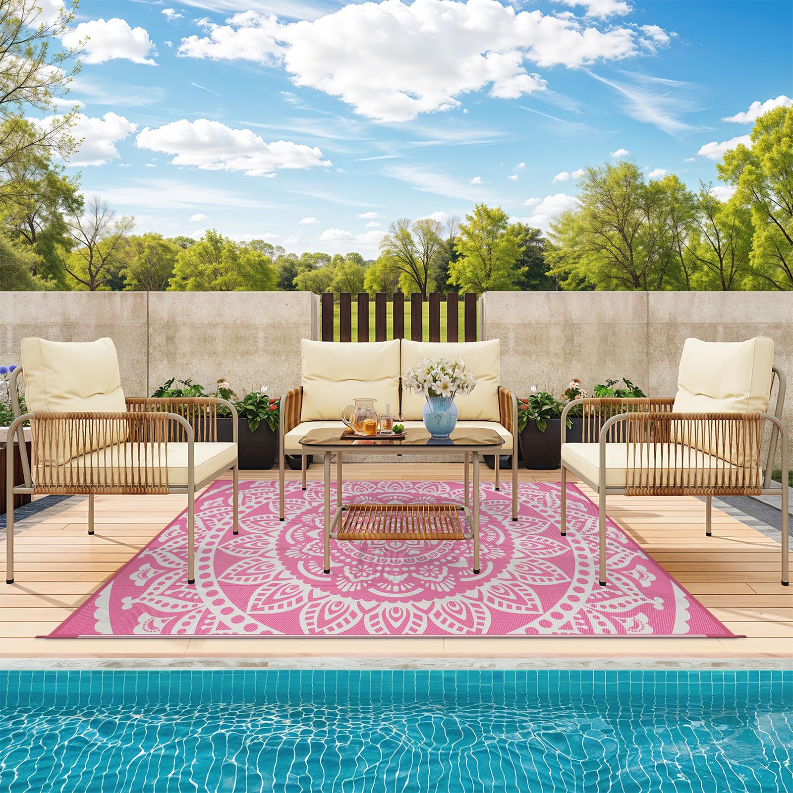 Bsmathom junto a piscina resistiendo salpicaduras y humedad