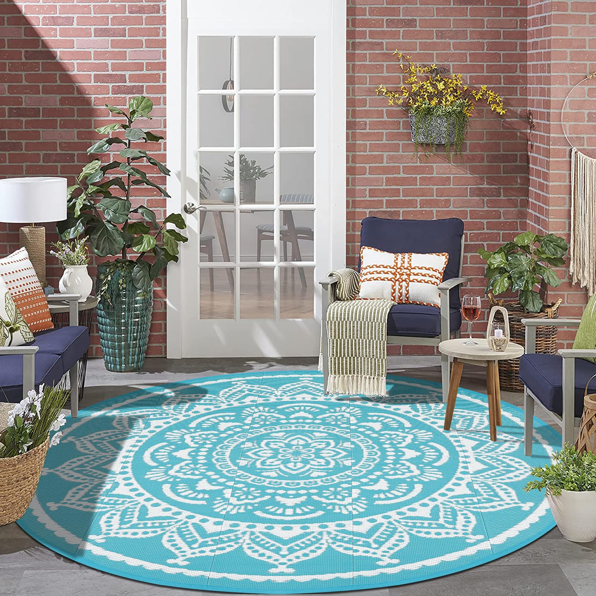 Bsmathom vista frontal alfombra redonda teal, aspecto elegante y práctico
