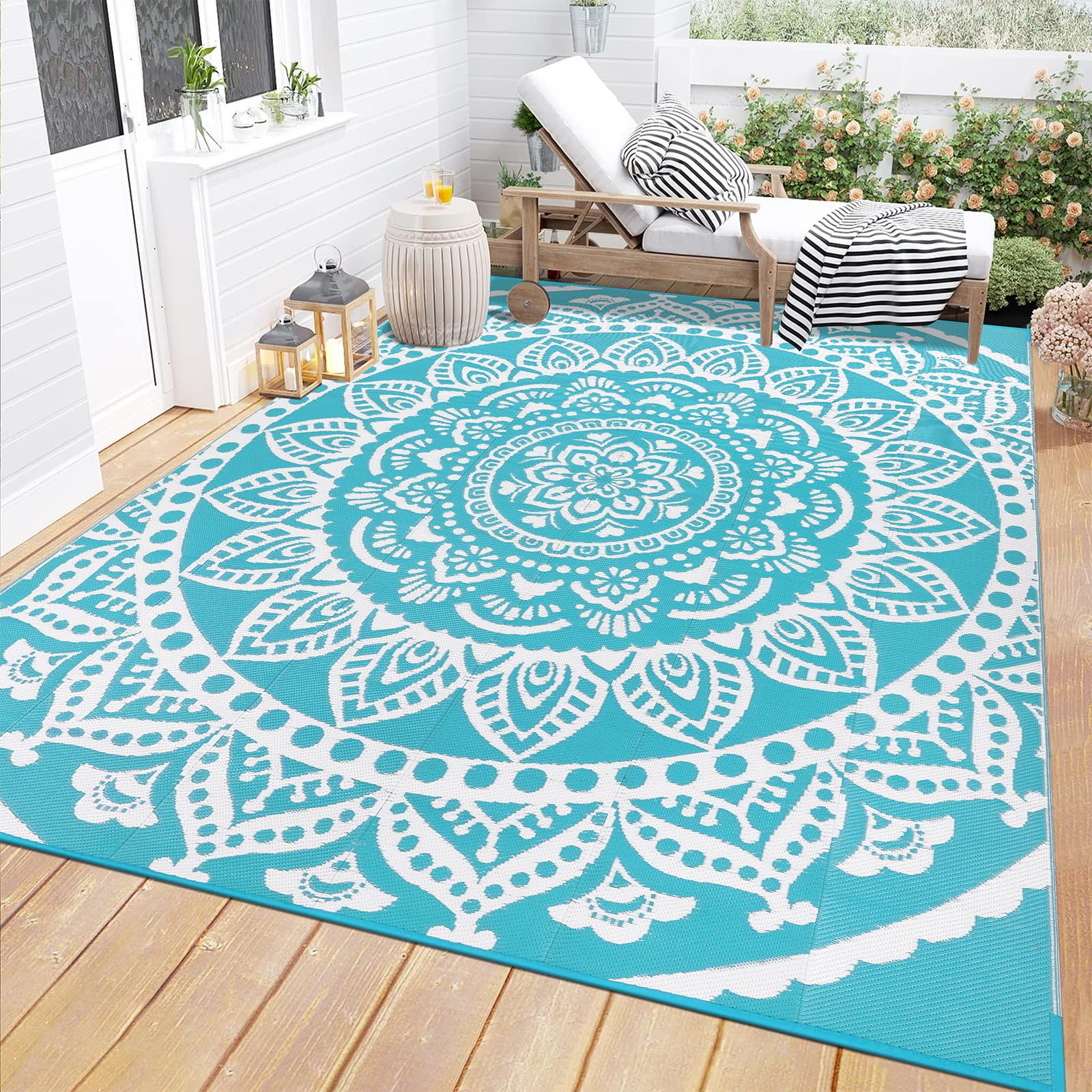 Bsmathom vista frontal del empaque y alfombra mostrando color teal y diseño
