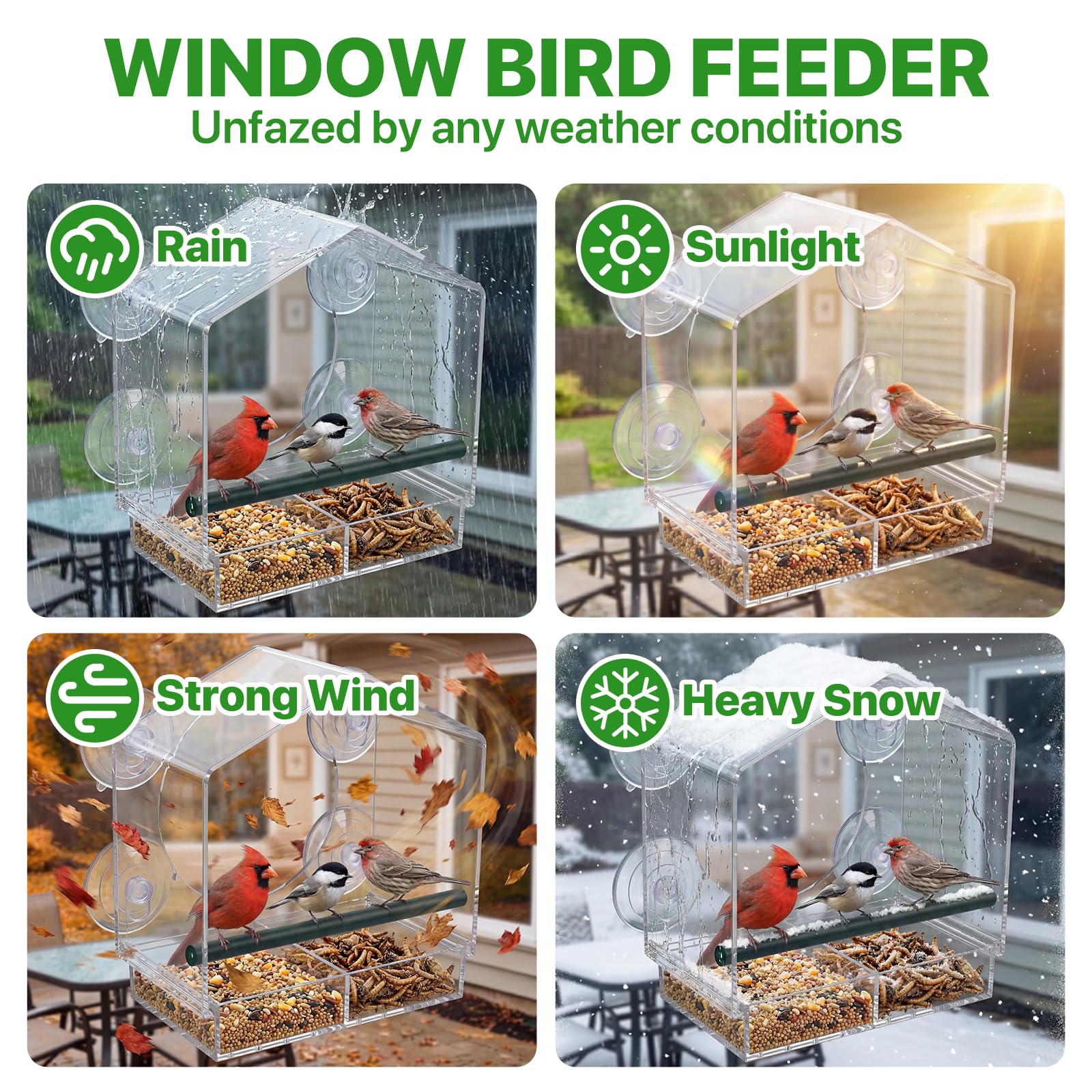 BTFSZ comedero instalado en ventana con jardín como fondo natural