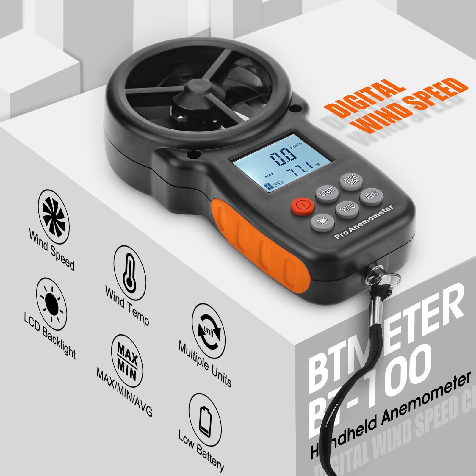BTMETER detalle de pantalla mostrando unidades y temperatura, visualización clara