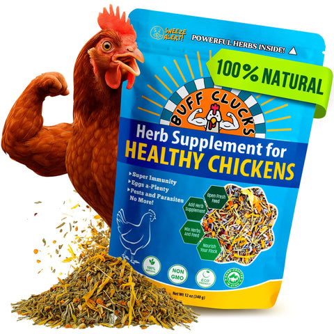 Buff Clucks paquete frontal mostrando 12 oz y beneficios naturales