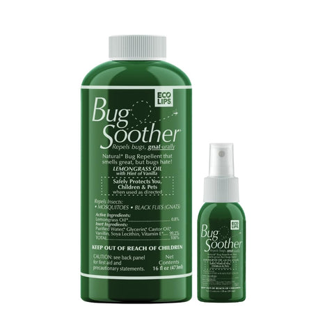 Bug Soother frasco 16 oz al frente mostrando presentación y ventaja recarga