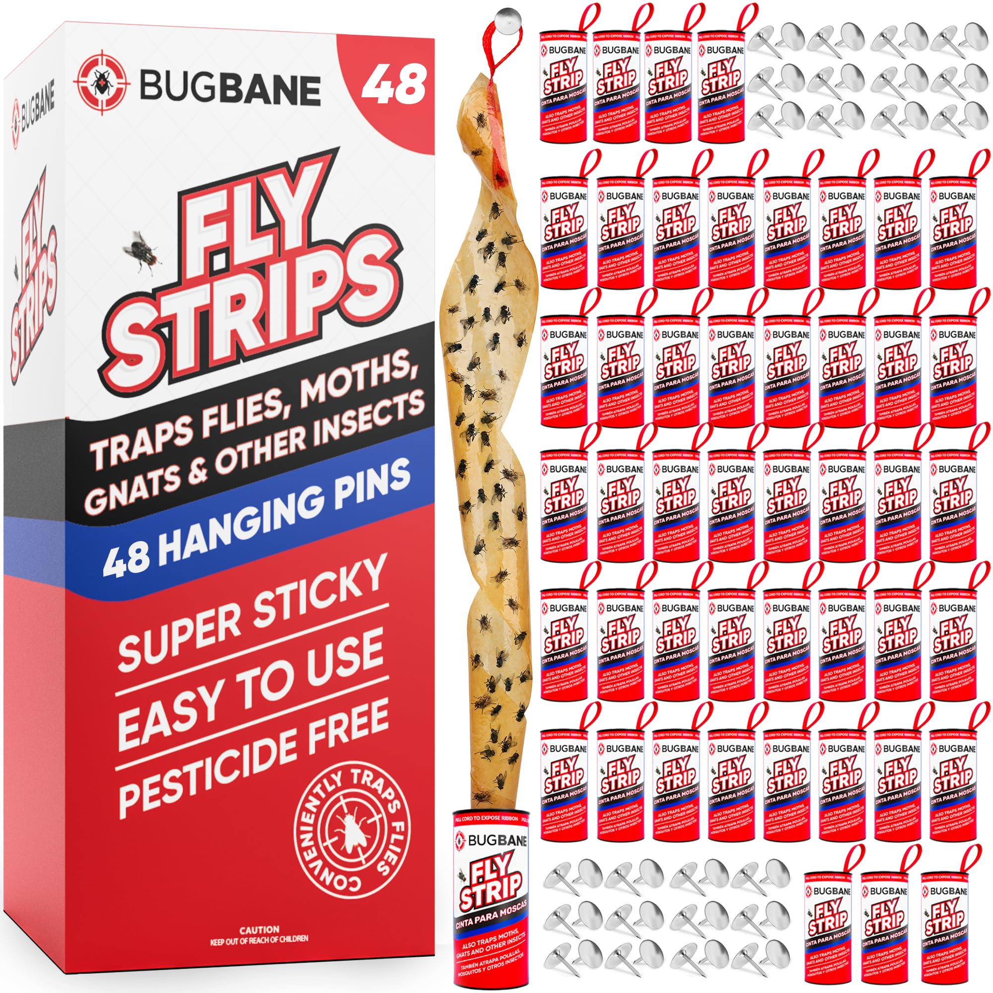 BugBane paquete frontal mostrando 48 tiras adhesivas, control eficaz