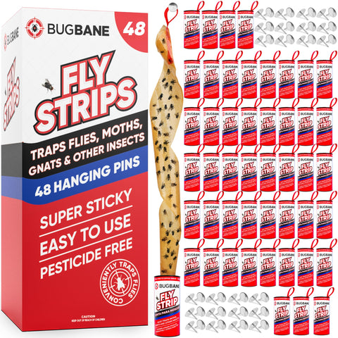 BugBane paquete frontal mostrando 48 tiras adhesivas, control eficaz
