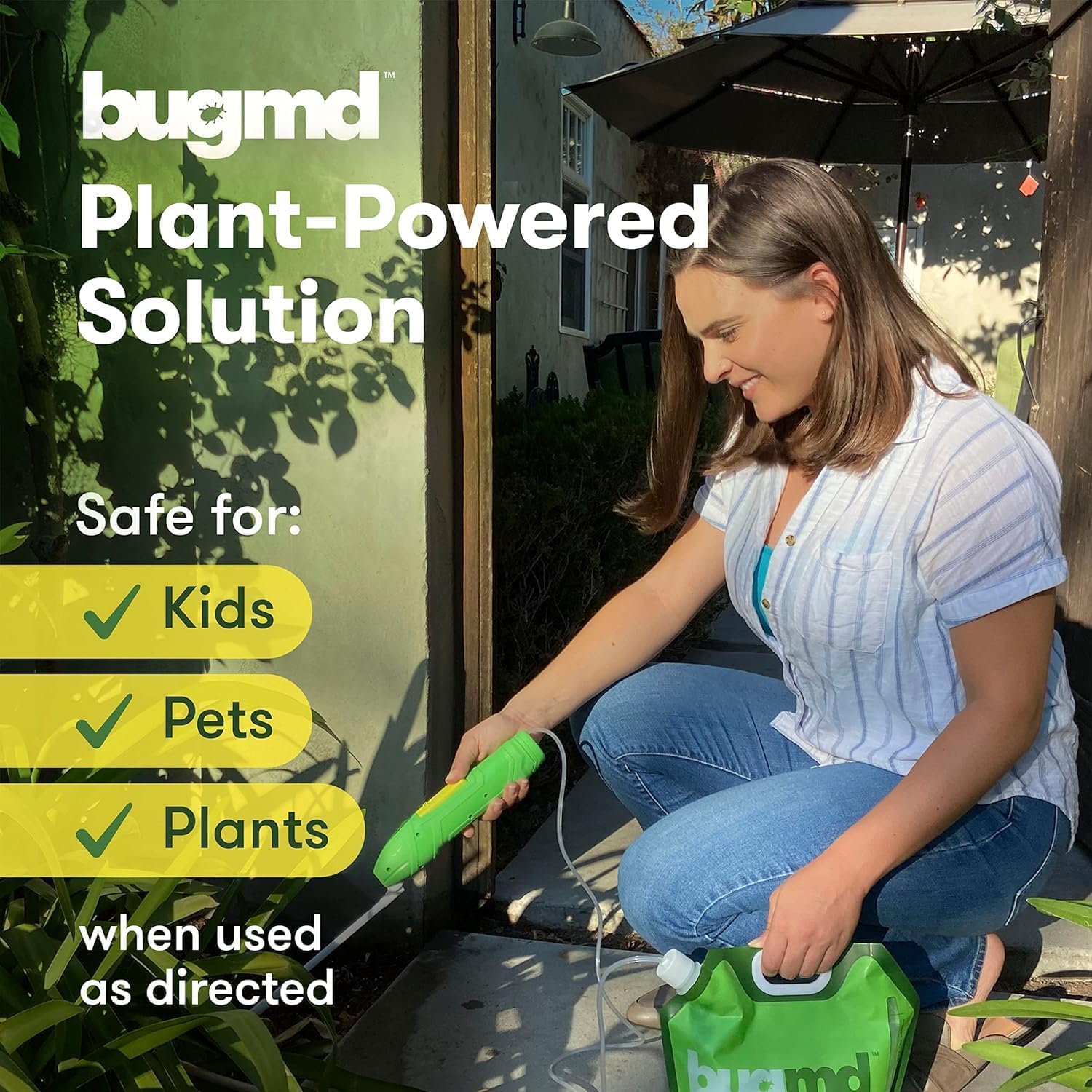 BugMD en uso aplicando solución en jardín para control rápido de insectos