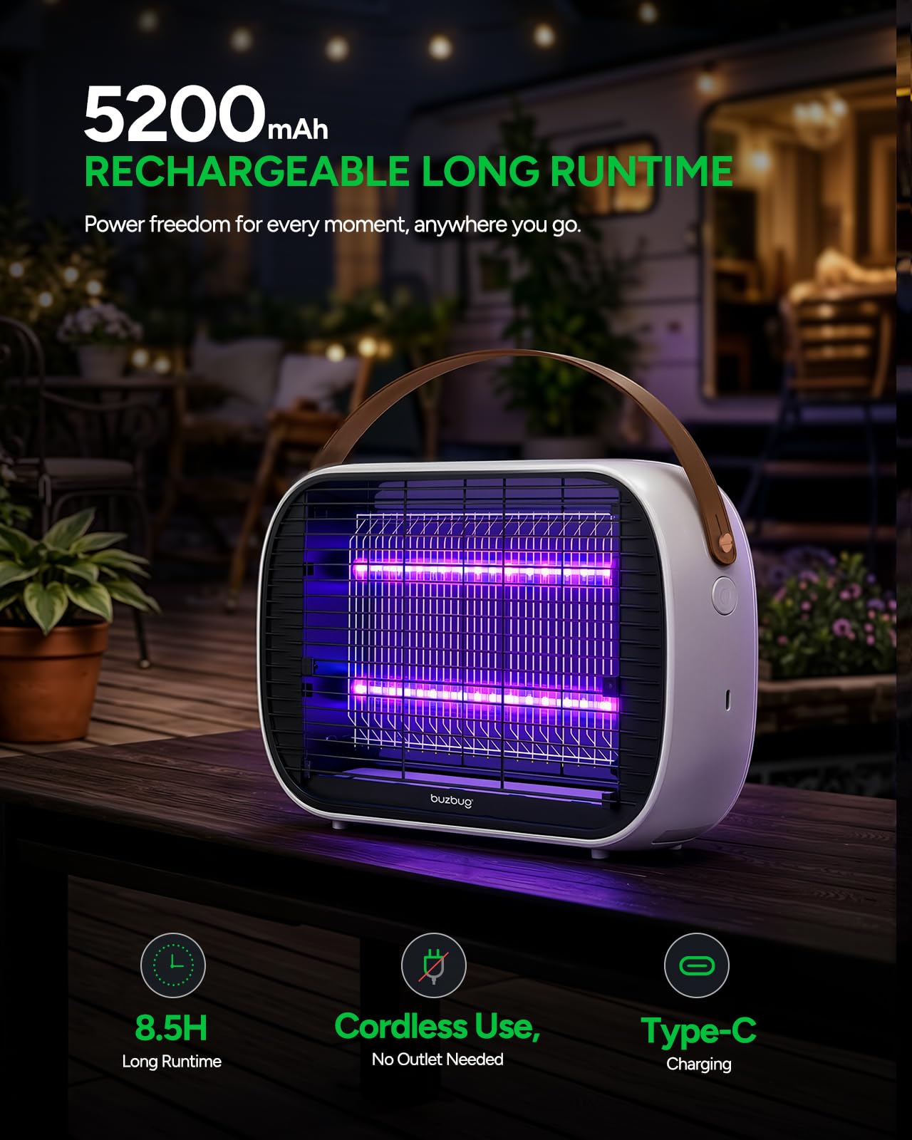 Buzbug primer plano de LEDs doble banda que aumentan atracción de insectos en penumbra
