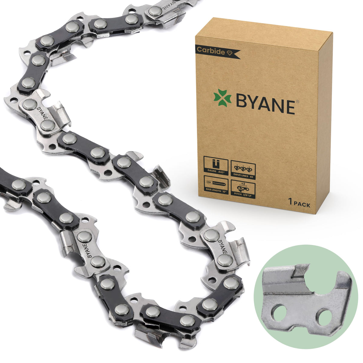 Byane cadena frontal en empaque mostrando ajuste y compatibilidad
