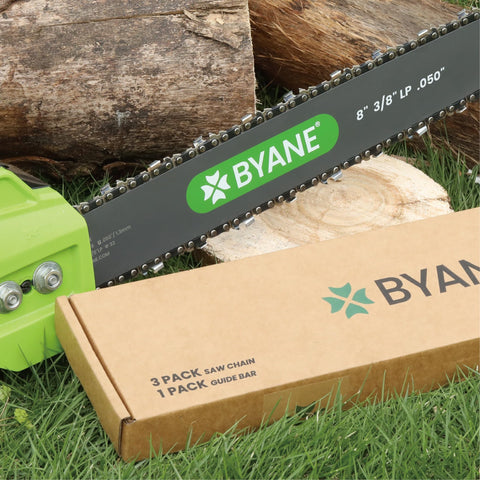 Byane empaque con tres cadenas preafiladas listo para usar y almacenar