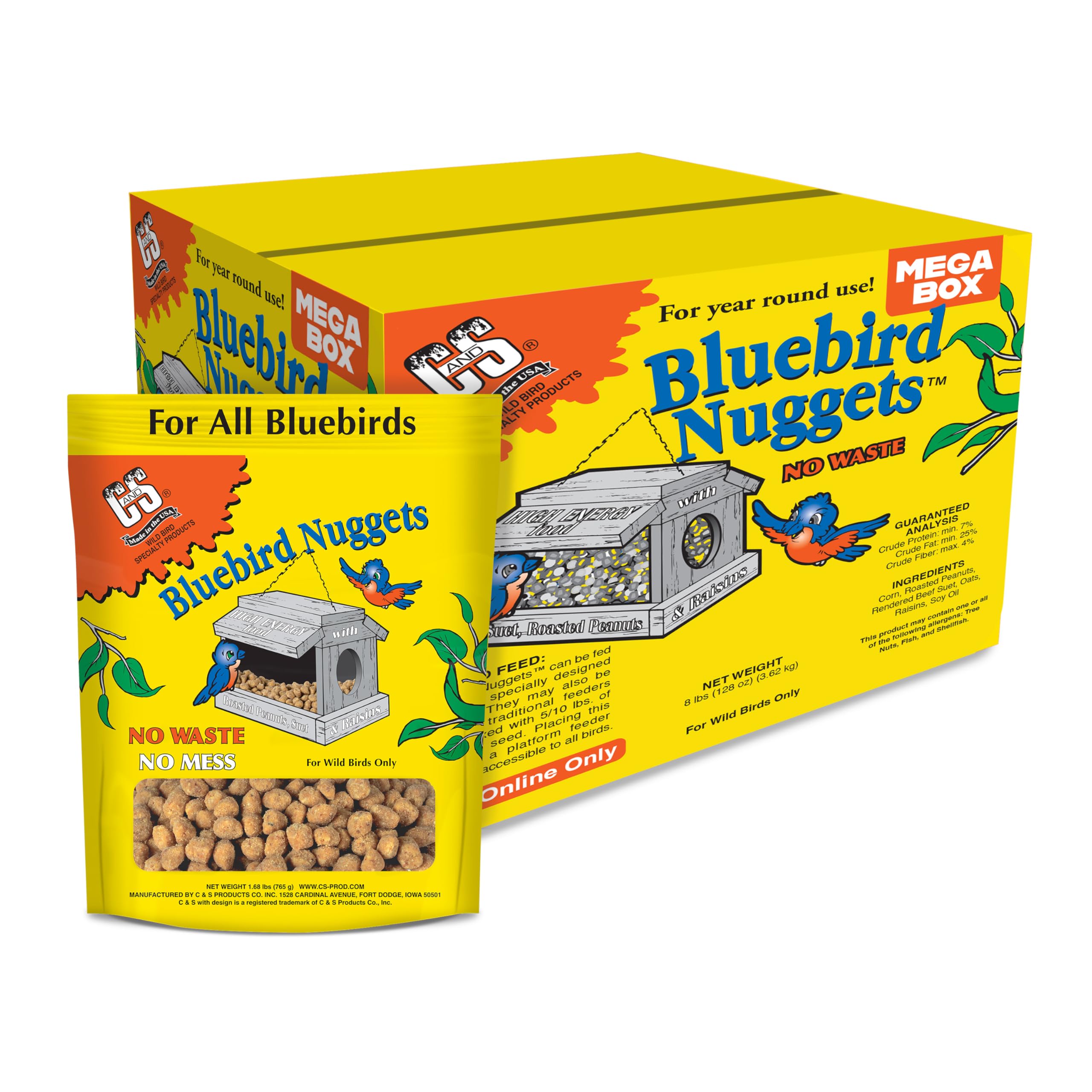 C&S envase frontal de Berry Suet Nuggets mostrando tamaño y marca, fácil uso