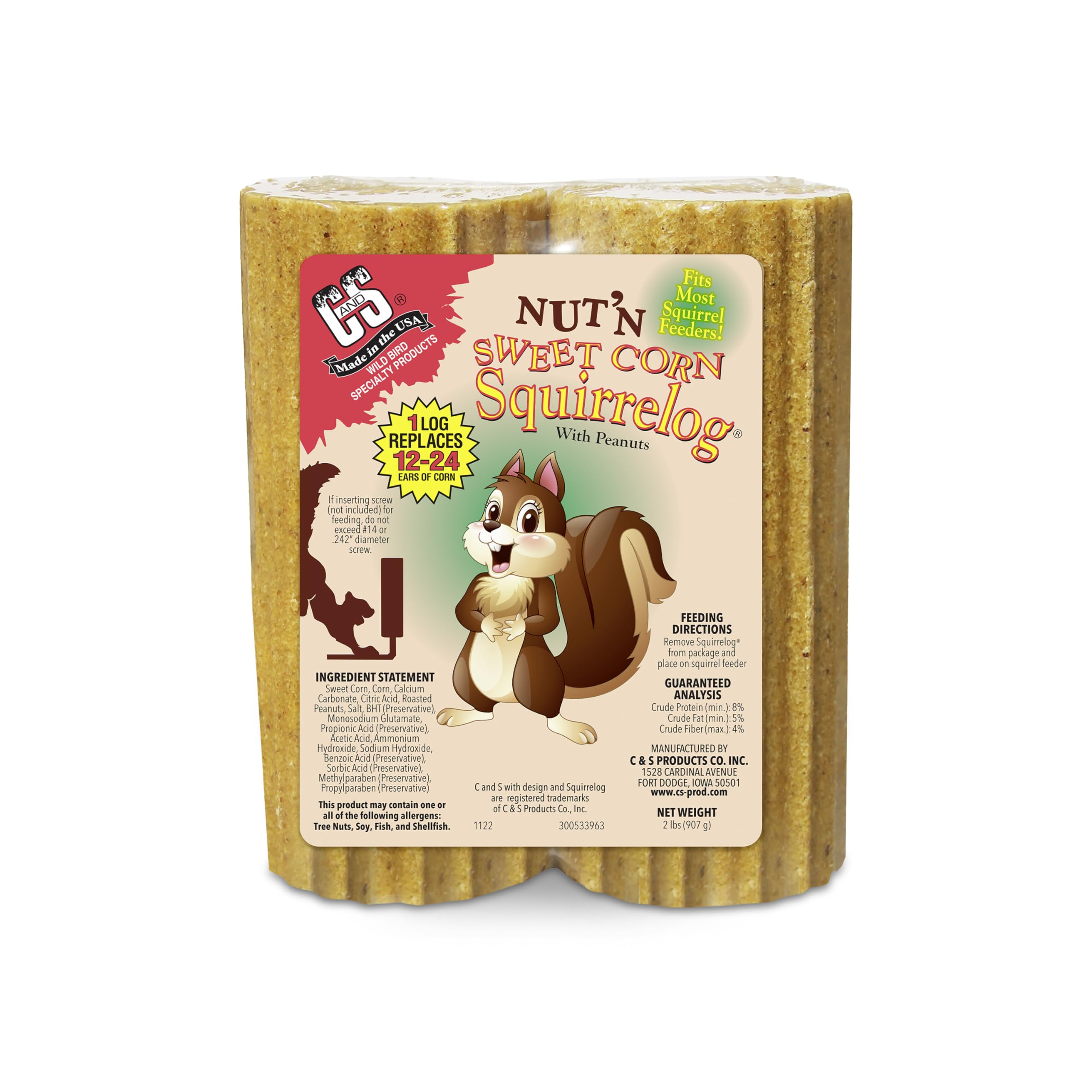 C&S Squirrelog empaque frontal mostrando producto listo para colocar
