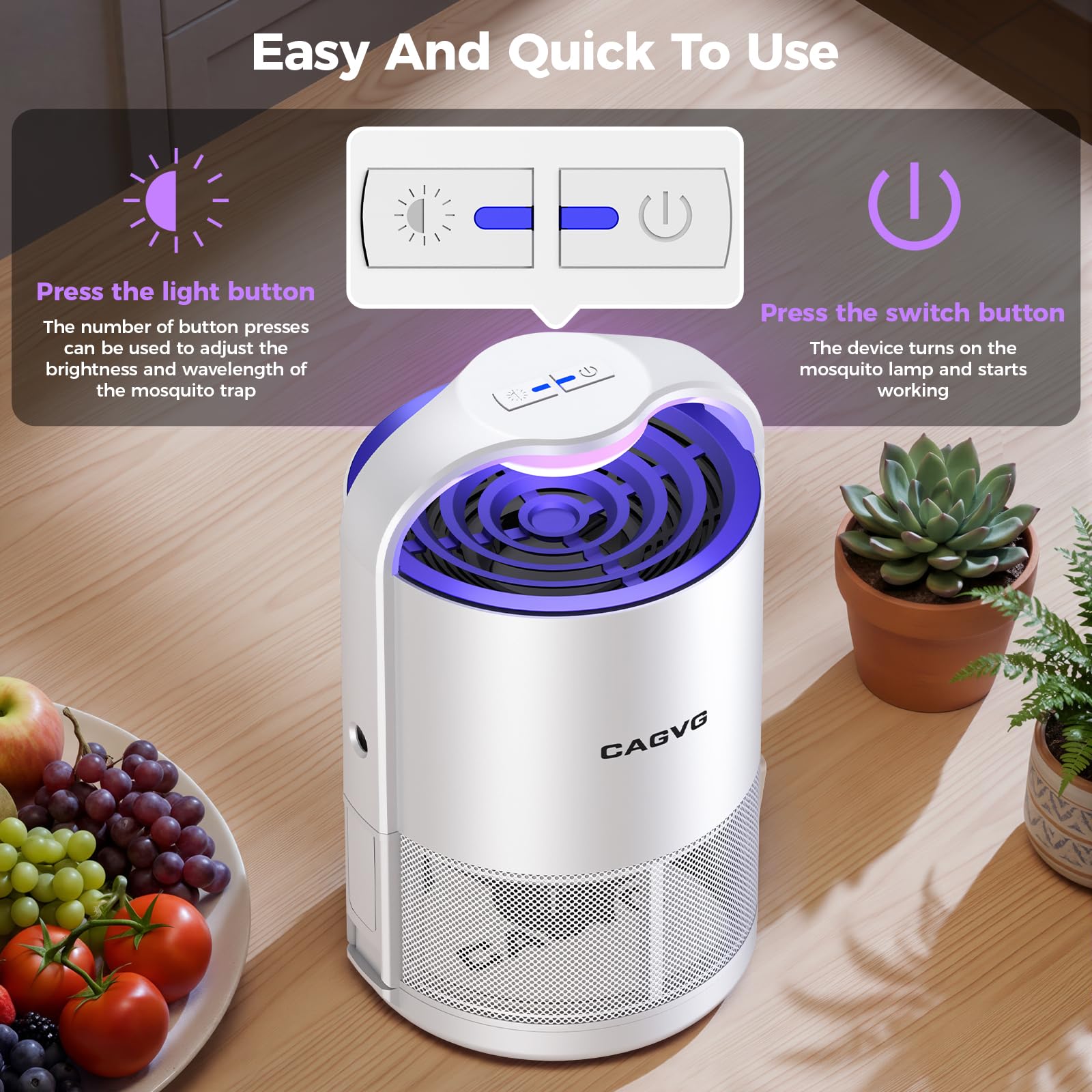 CAGVG colocada en cocina junto a frutas, controla moscas de fruta eficazmente