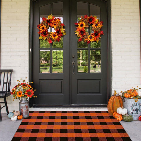 CAINANEL alfombra frontal 3x5 con cuadros naranja y negro para entrada elegante