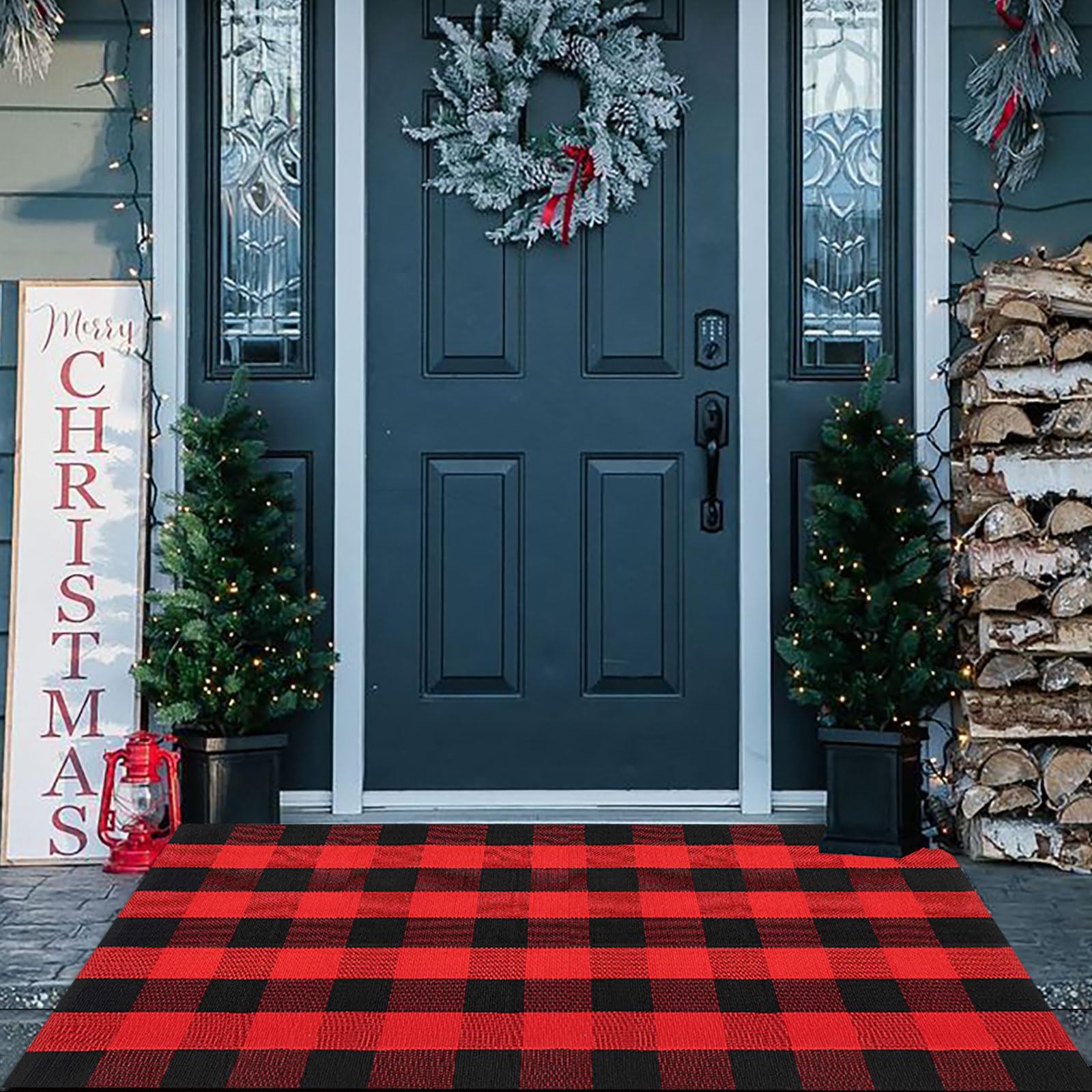 CAINANEL felpudo frontal con buffalo plaid mostrando bienvenida clásica
