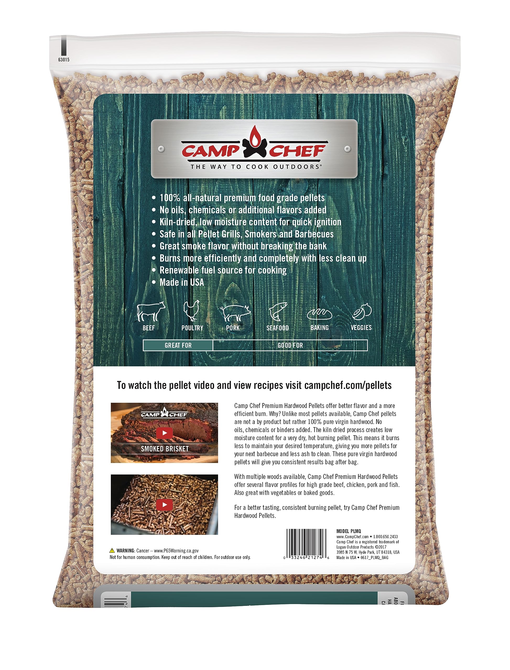 Camp Chef detalle del grano de mesquite que indica combustión limpia