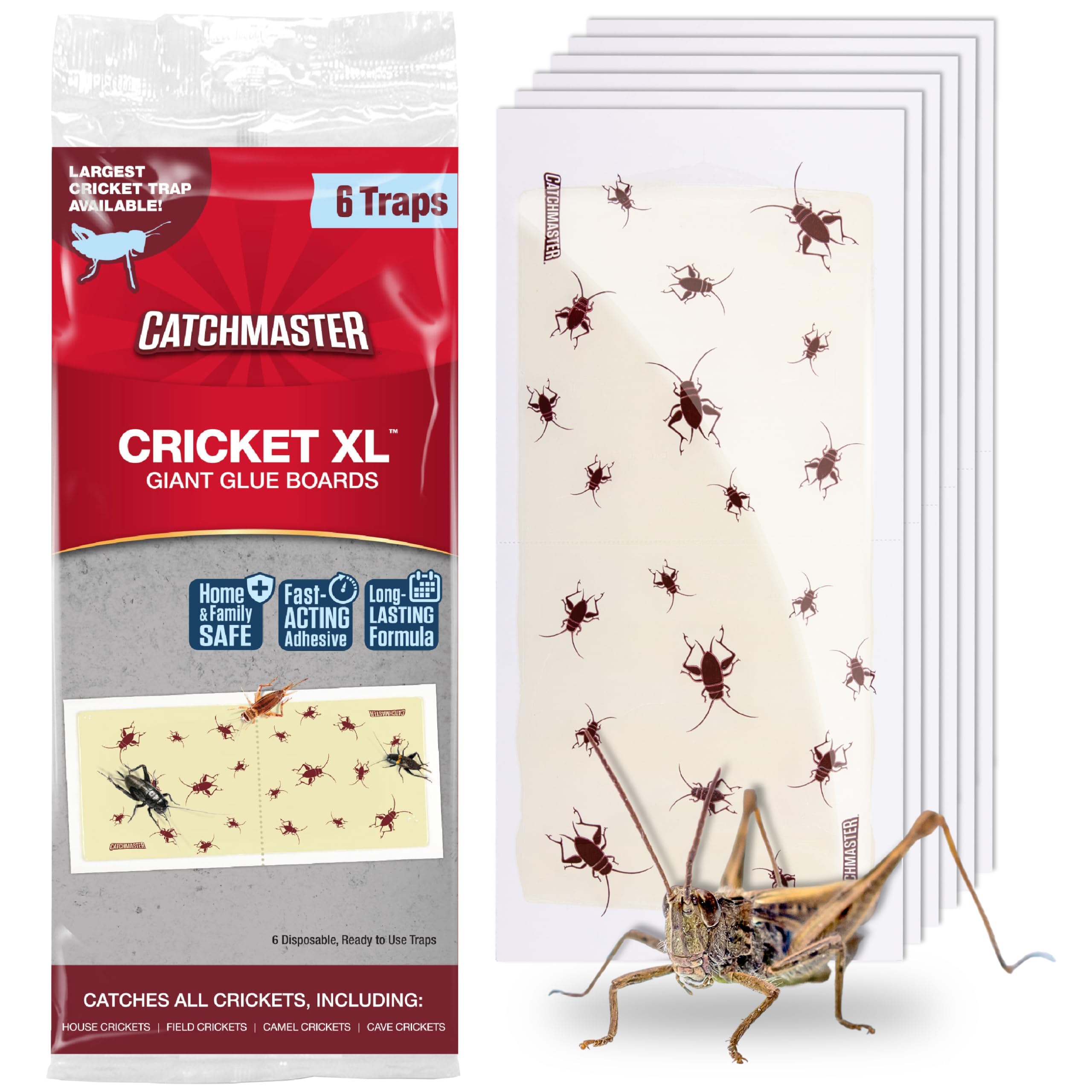 Catchmaster trampa frontal paquete mostrando seis tablas y practicidad