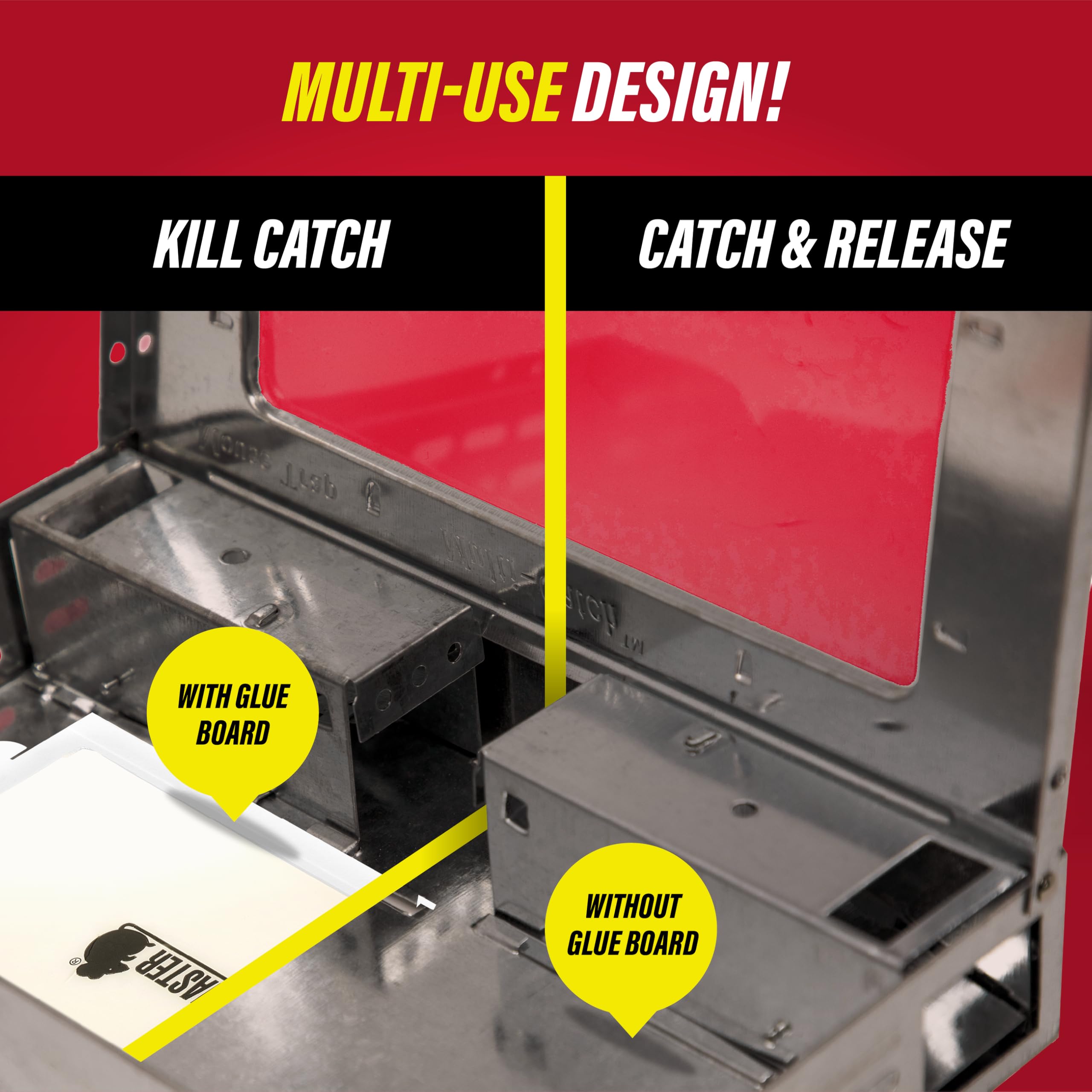 Catchmaster embalaje con etiqueta frontal que indica características y fabricación USA