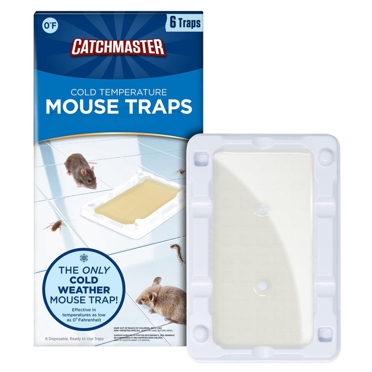 Catchmaster frente del paquete mostrando 6 trampas y beneficios resistentes al frío