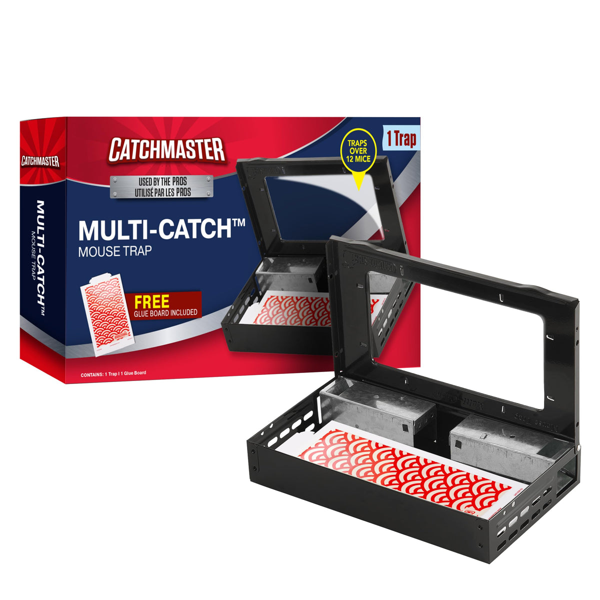 Catchmaster frontal del empaque mostrando la trampa y beneficios de uso