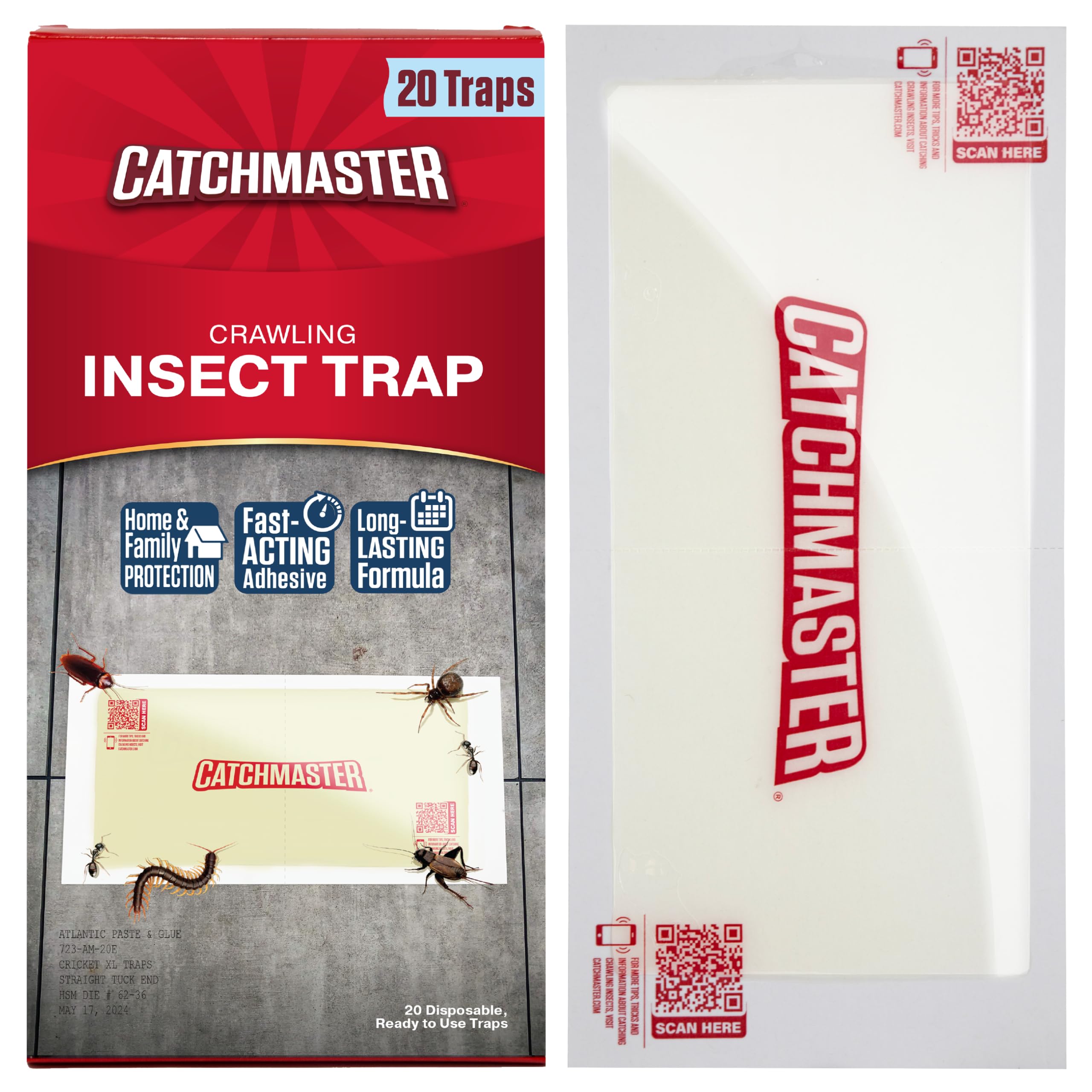 Catchmaster vista frontal del empaque que muestra 20 unidades y beneficio de control sin pesticidas