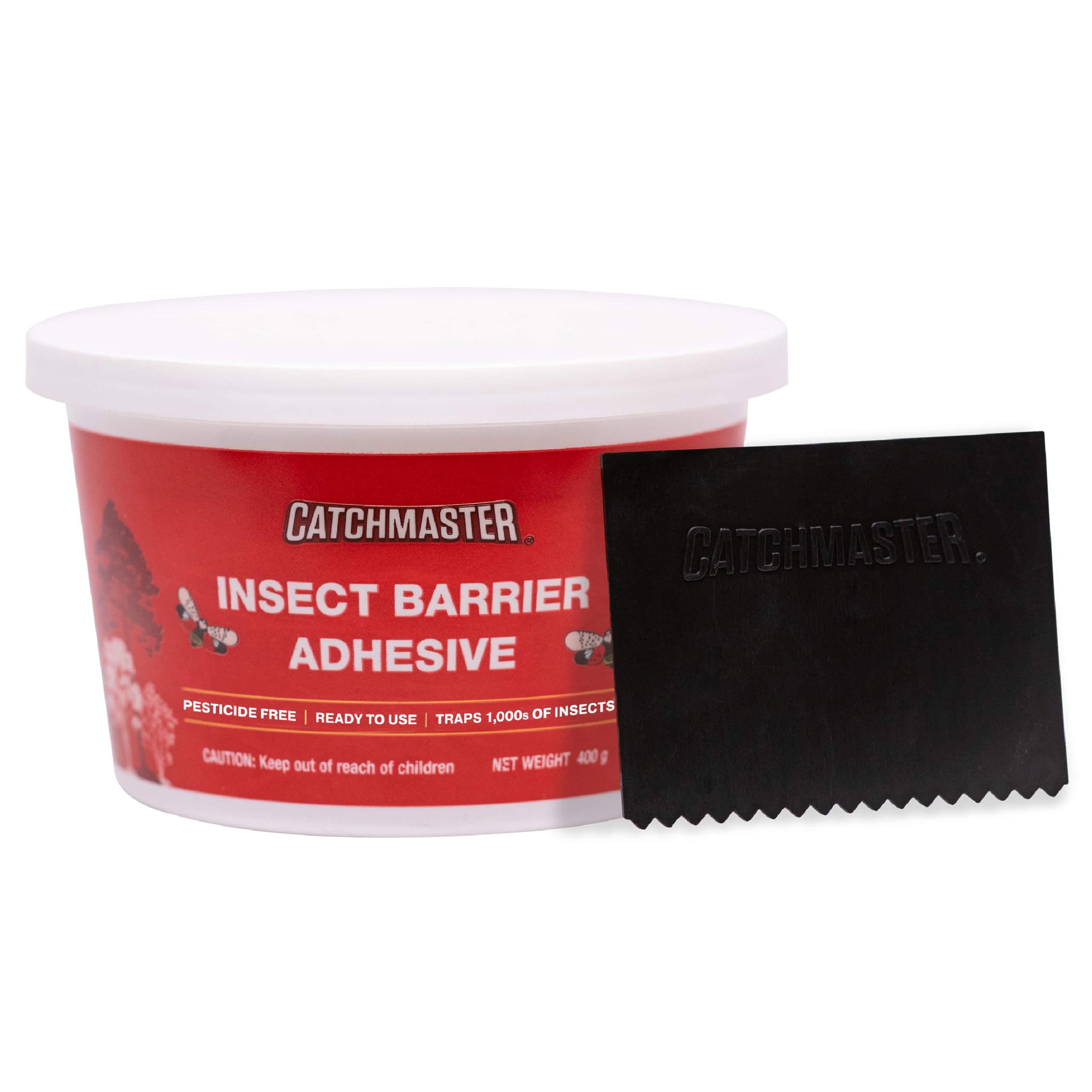 Catchmaster envase frontal del kit mostrando adhesivo y accesorios, control efectivo