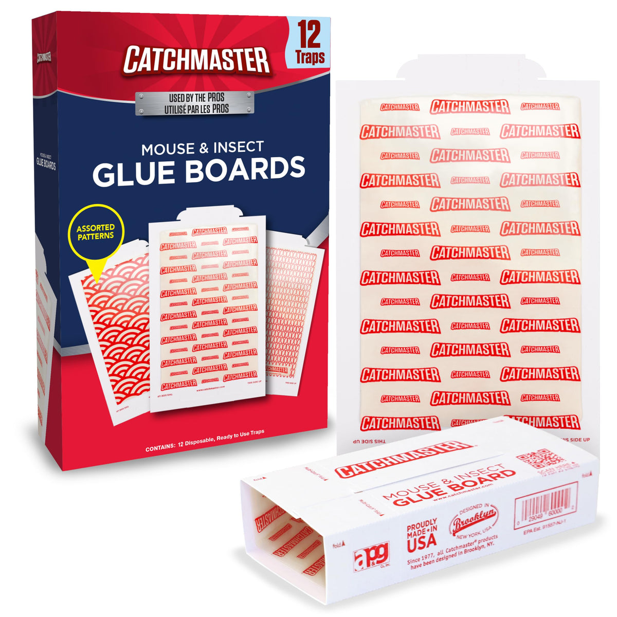 Catchmaster vista frontal del empaque que muestra 12 tablas adhesivas y seguridad