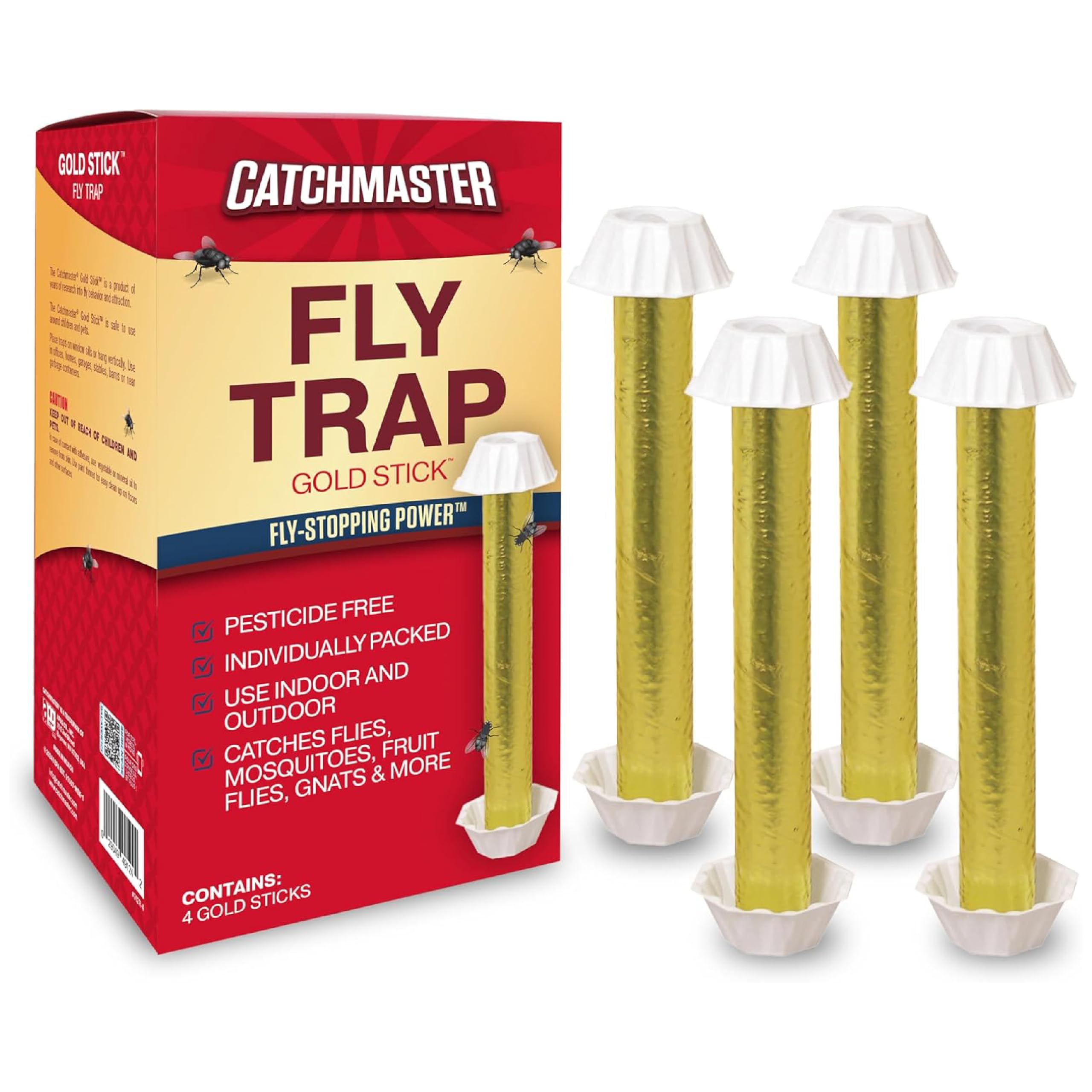 Catchmaster vista frontal del empaque mostrando cuatro tiras doradas y beneficios