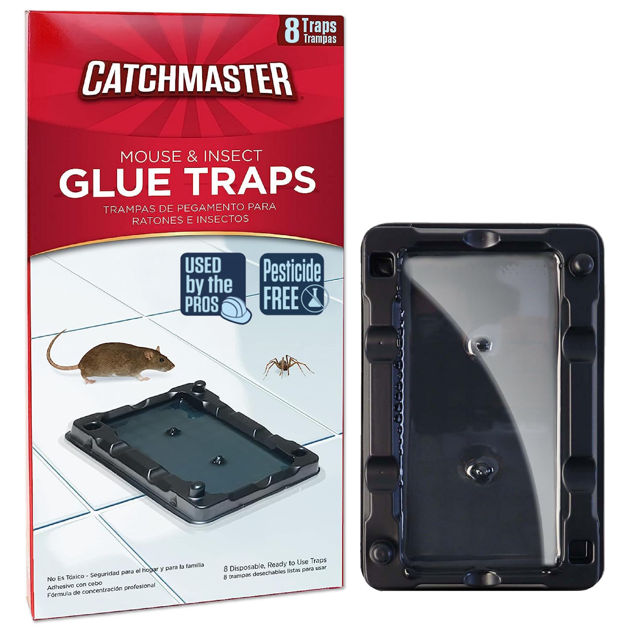 Catchmaster vista frontal del empaque que muestra trampas listas para usar y conveniencia
