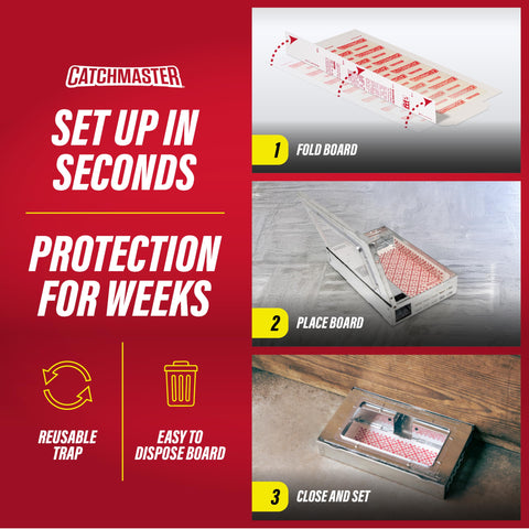 Catchmaster trampa en uso bajo mueble mostrando captura discreta y protección del hogar