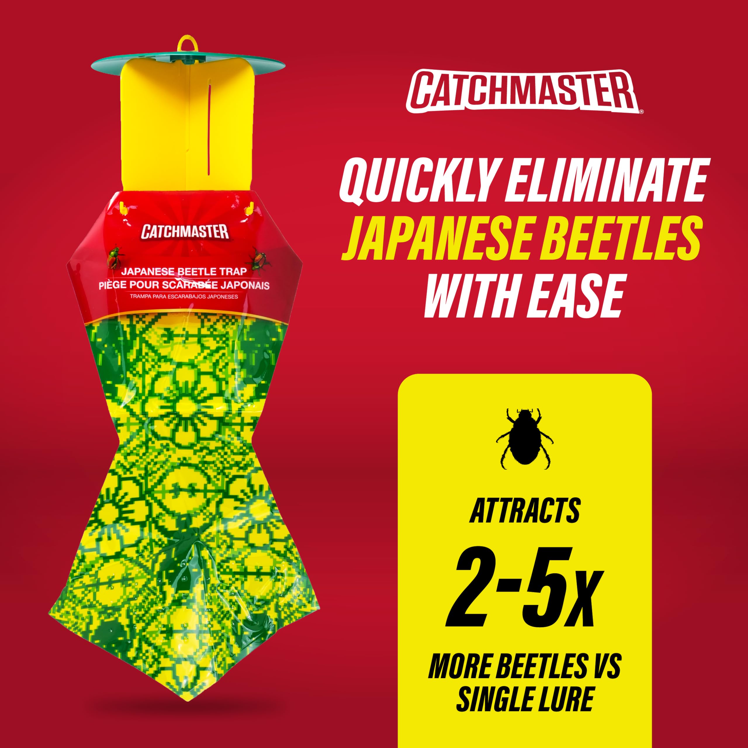 Catchmaster trampa colgada en jardín cerca de árboles y hortalizas, protege cultivo
