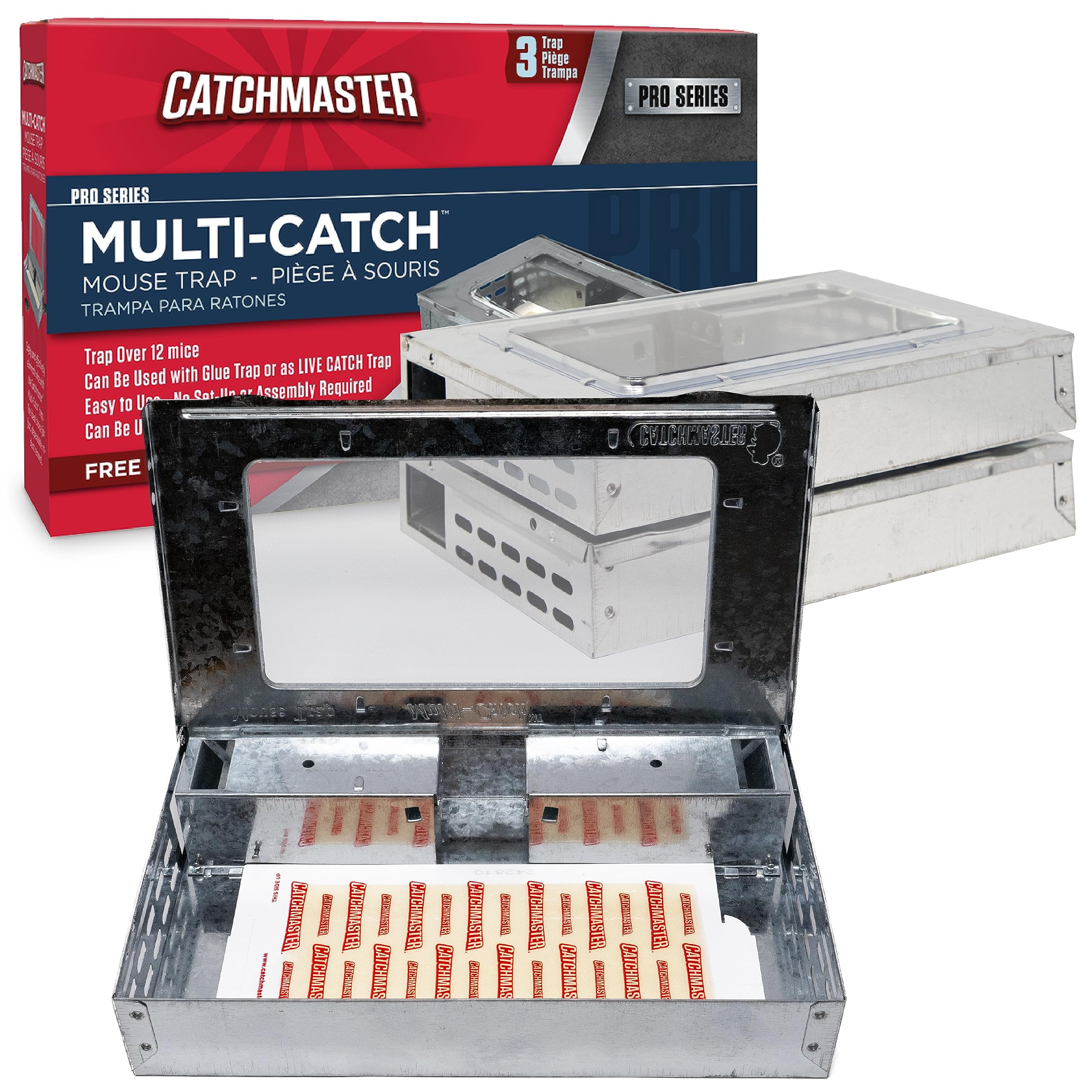 Catchmaster frente del paquete mostrando la trampa lista para usar y fácil instalación