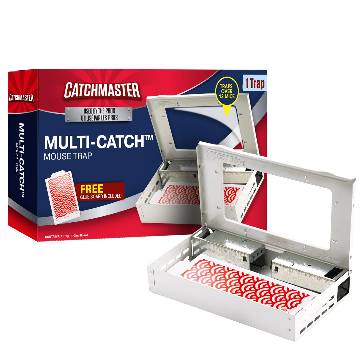 Catchmaster trampa frontal empaquetada mostrando diseño reutilizable y lista para usar
