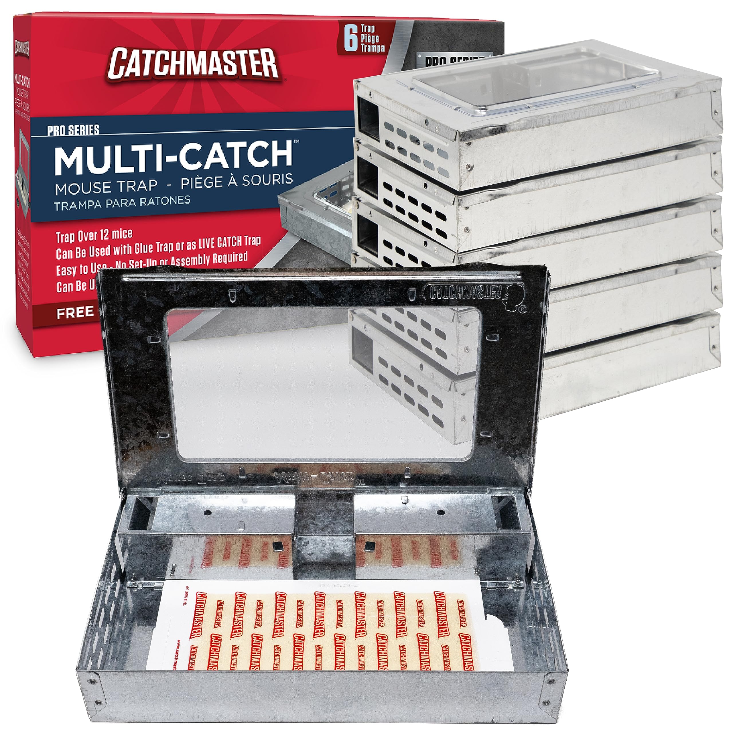 Catchmaster vista frontal del empaque mostrando trampa lista para usar y beneficio práctico