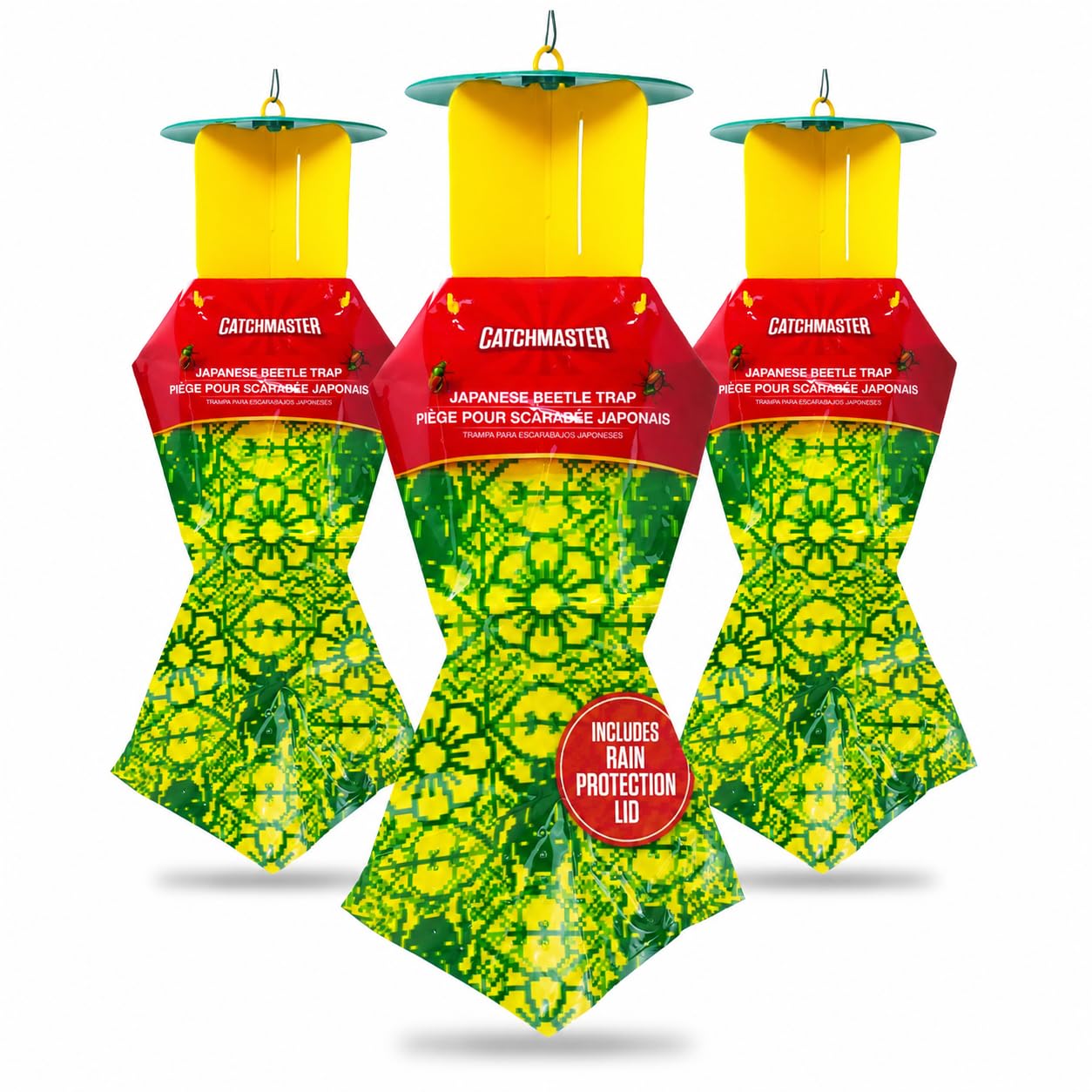 Catchmaster vista frontal del pack de 3 trampas, protege plantas eficientemente
