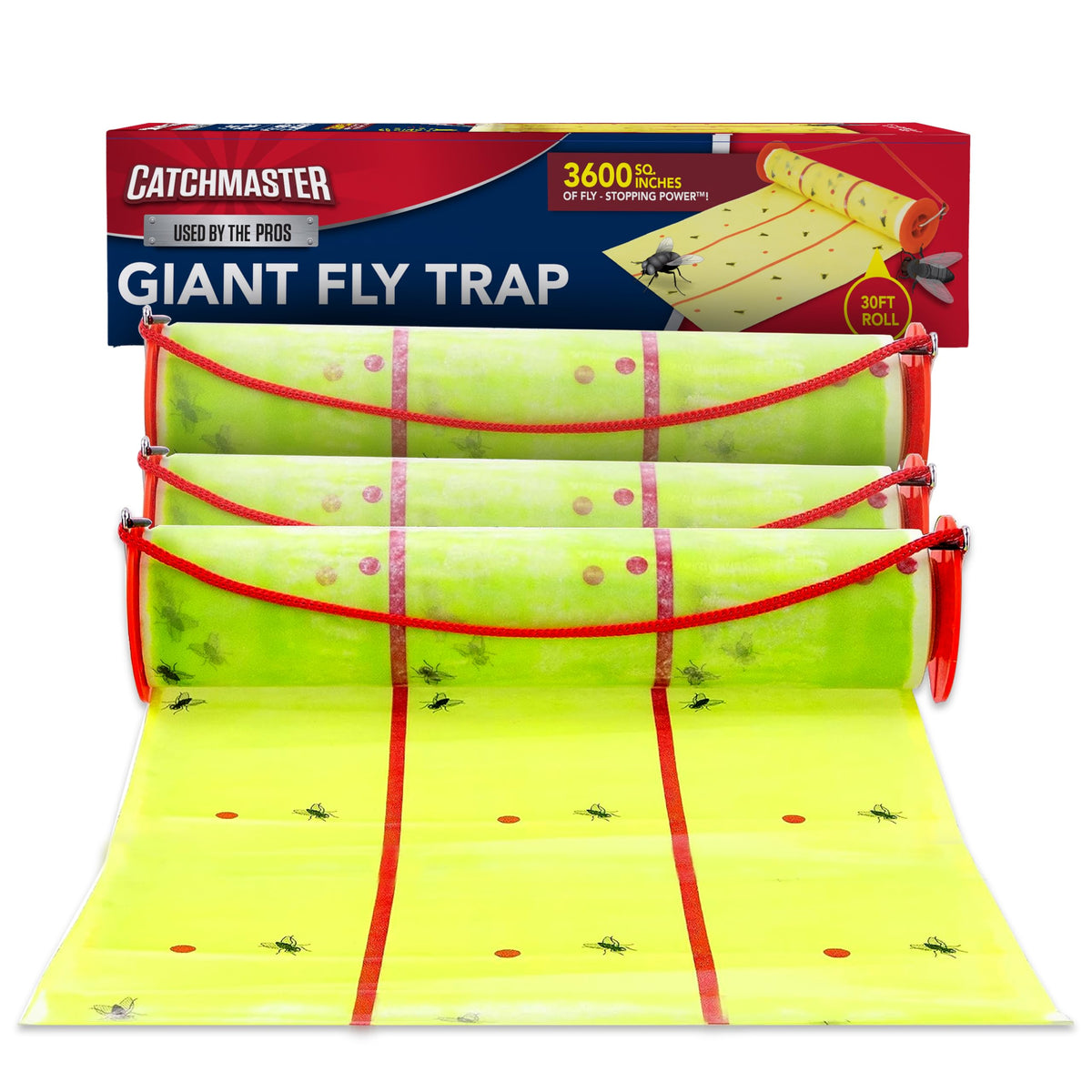 Catchmaster trampa gigante frontal mostrando rollo listo para colgar y captura efectiva