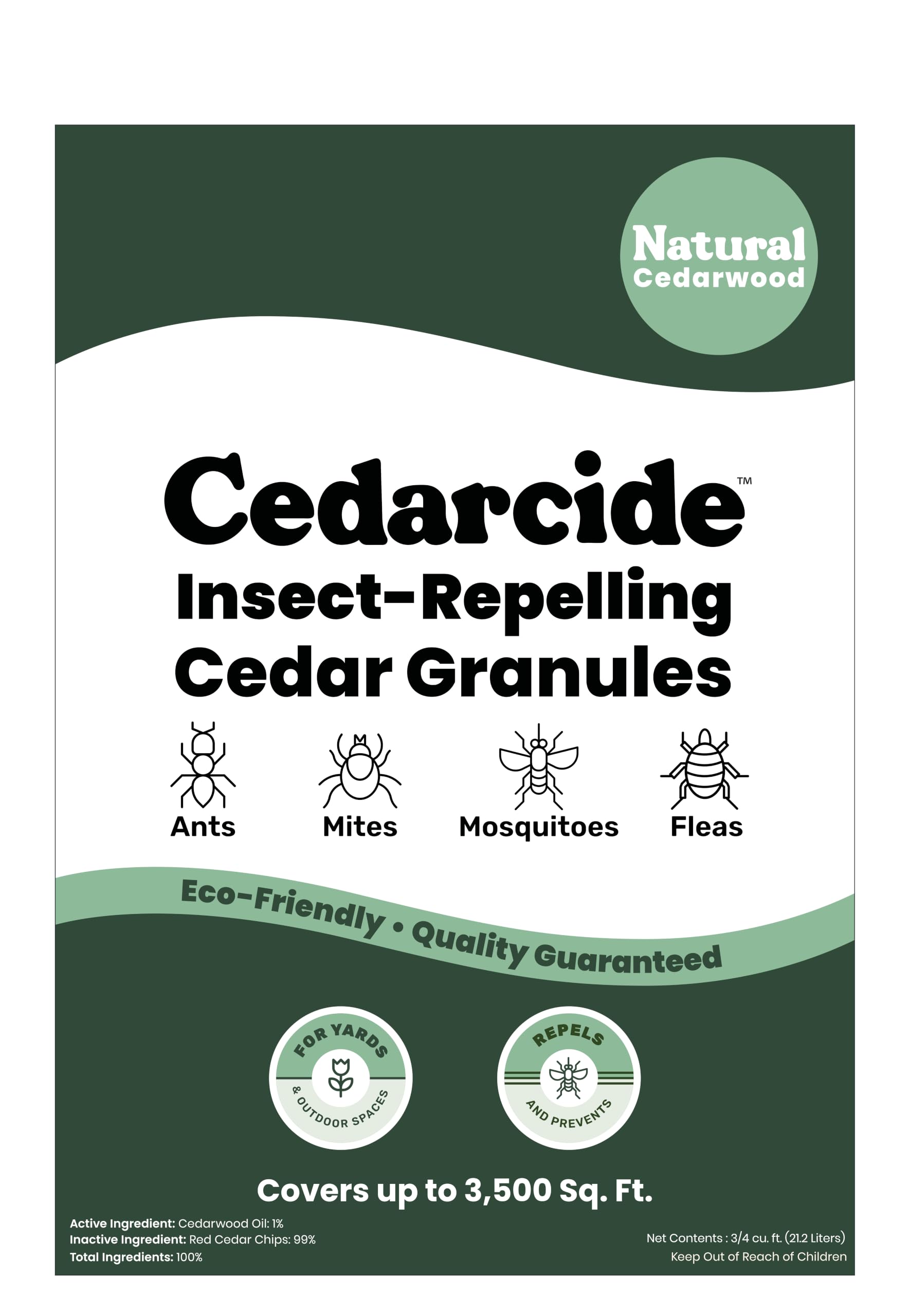 Cedarcide saco junto a una regla para comparar tamaño y cobertura