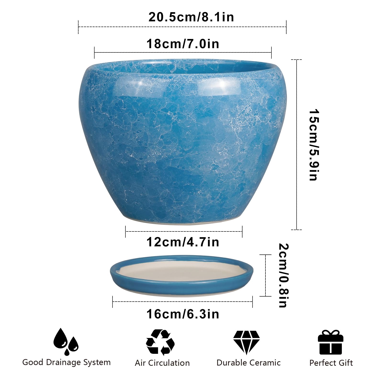Ceramicfor maceta con plato vista superior reteniendo agua y protegiendo superficie