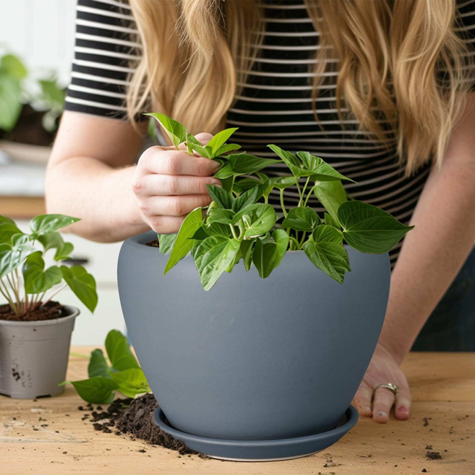 Ceramicfor maceta en uso con monstera demostrando soporte para plantas medianas