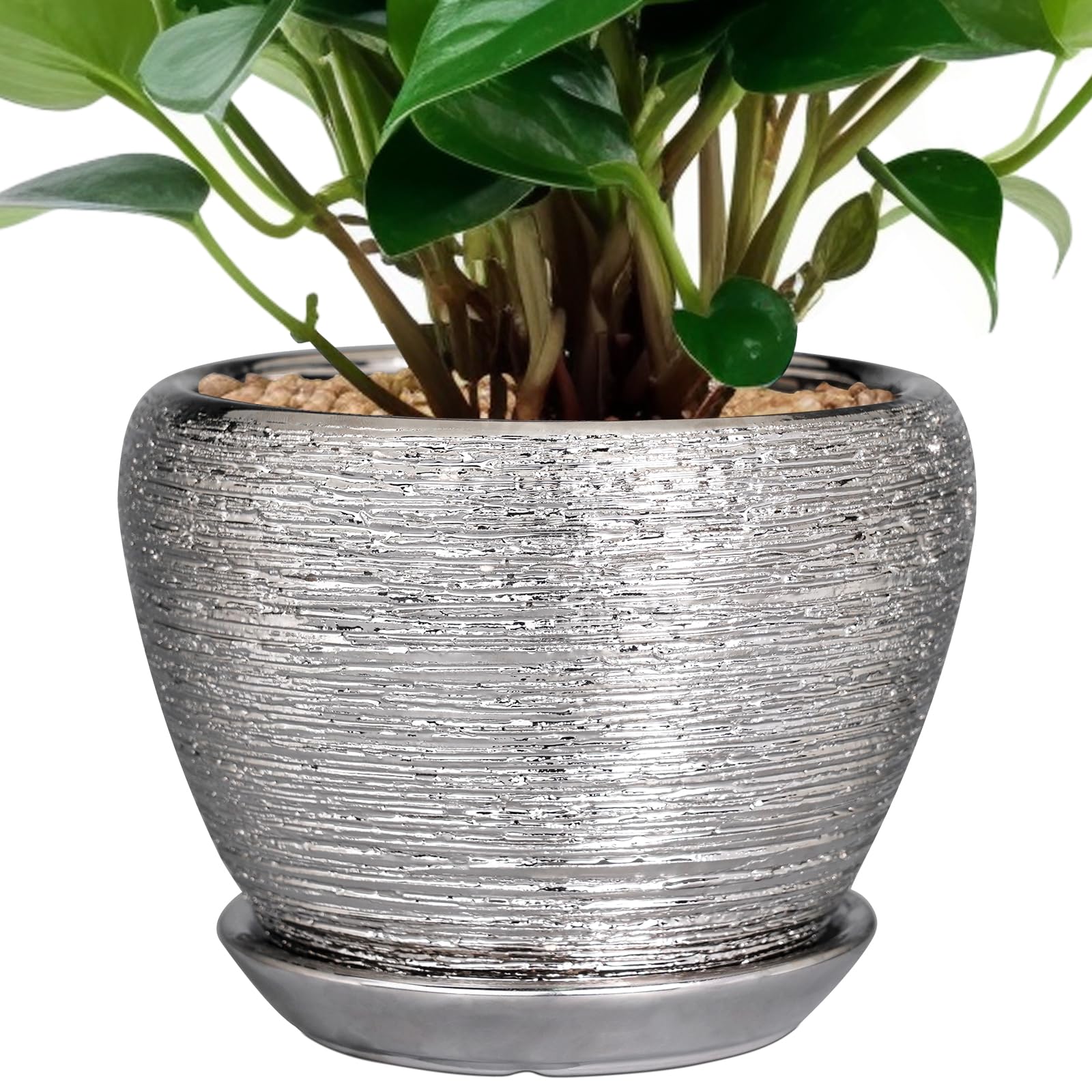 Ceramicfor maceta frontal plateada muestra forma redonda y elegante