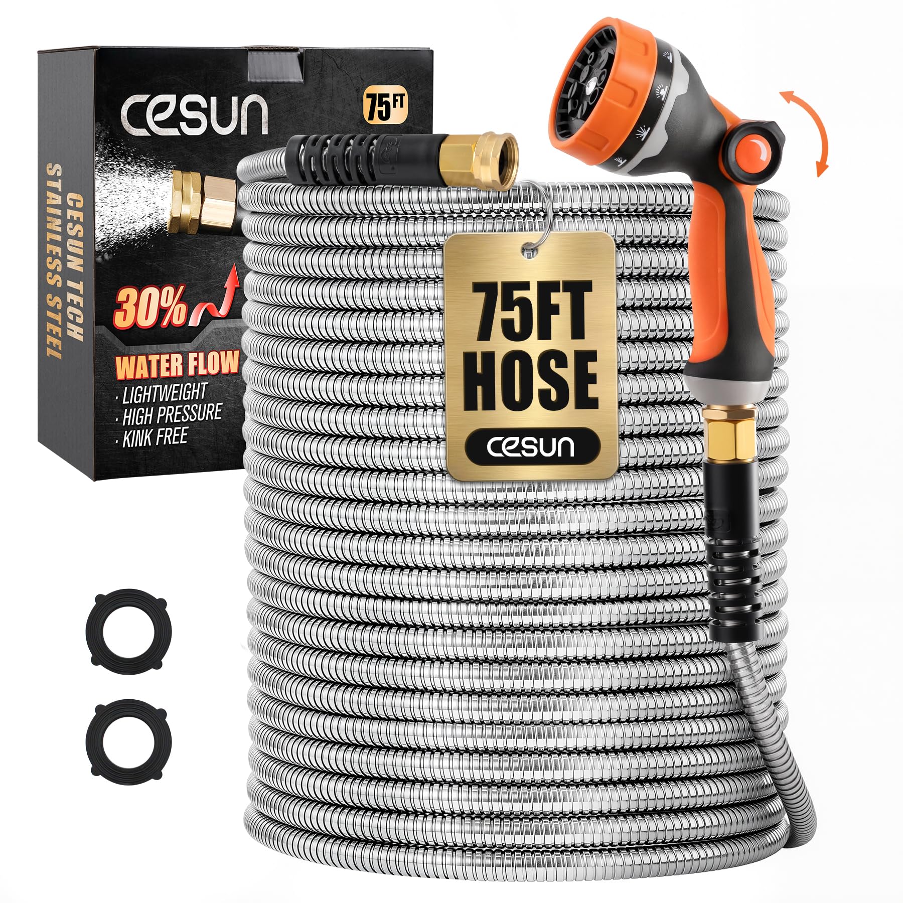 Cesun manguera 75 ft frontal y empaque mostrando durabilidad