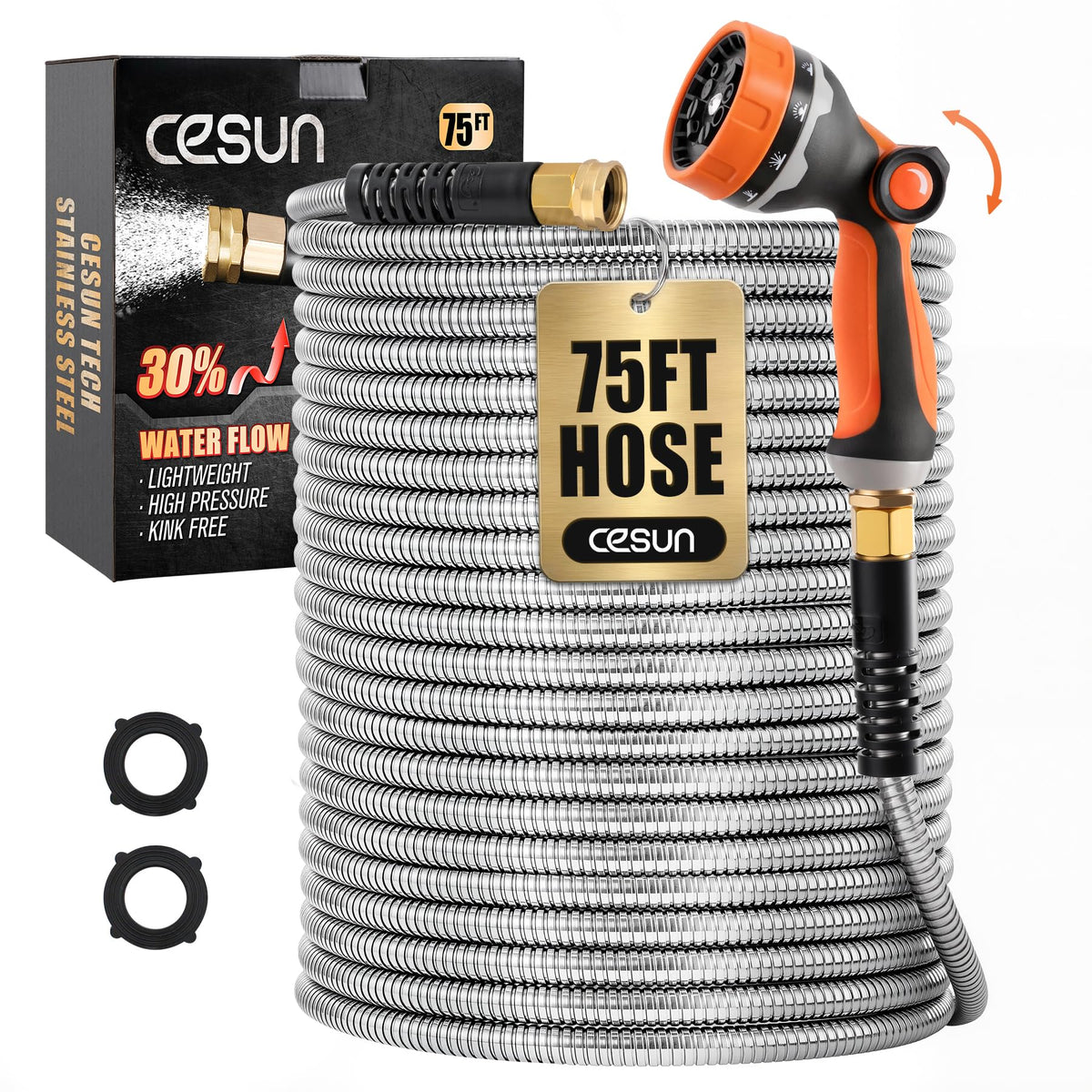 Cesun manguera 75 ft frontal y empaque mostrando durabilidad