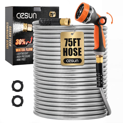 Cesun manguera 75 ft frontal y empaque mostrando durabilidad