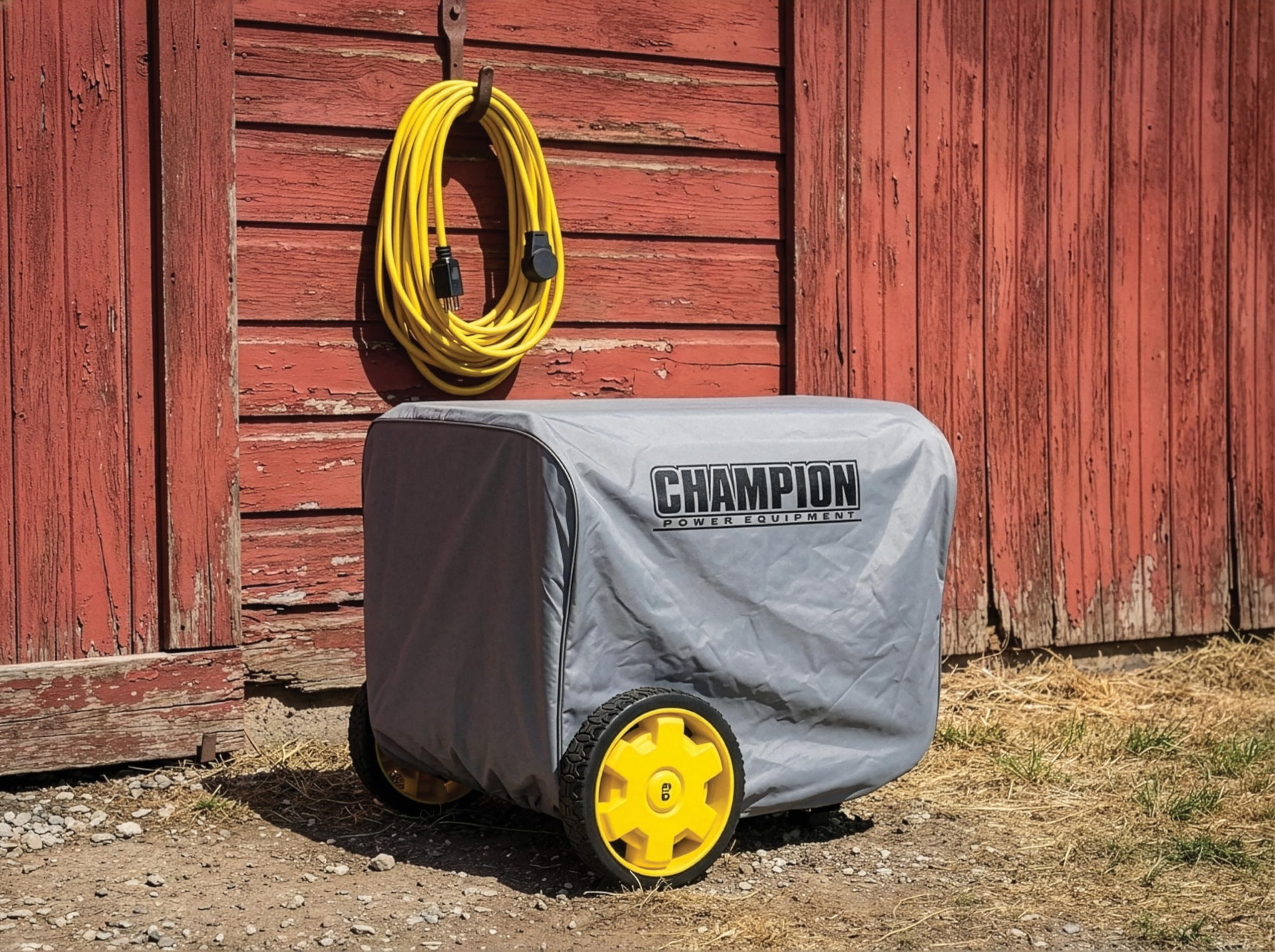 Champion funda en uso cubriendo generador en cobertizo protección rápida