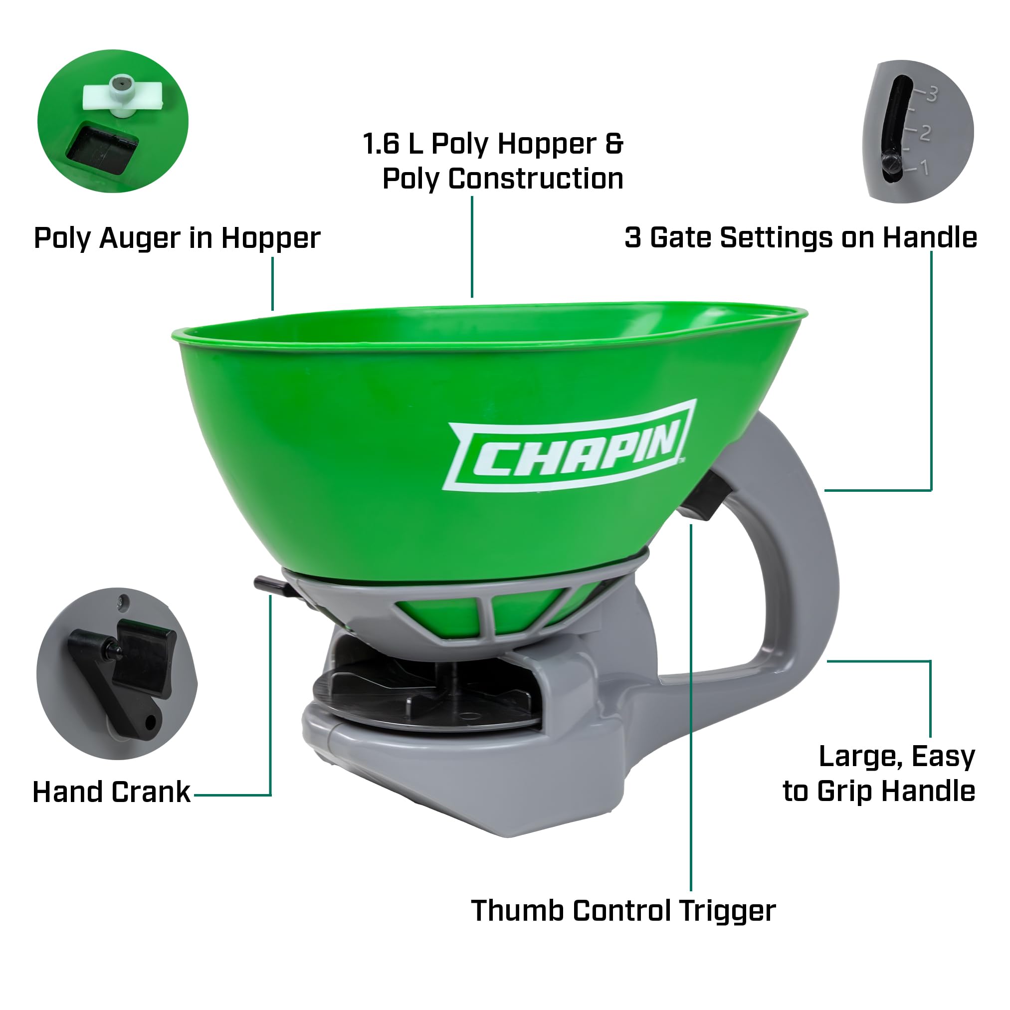 CHAPIN manivela y mango ergonómico que permiten control cómodo y constante