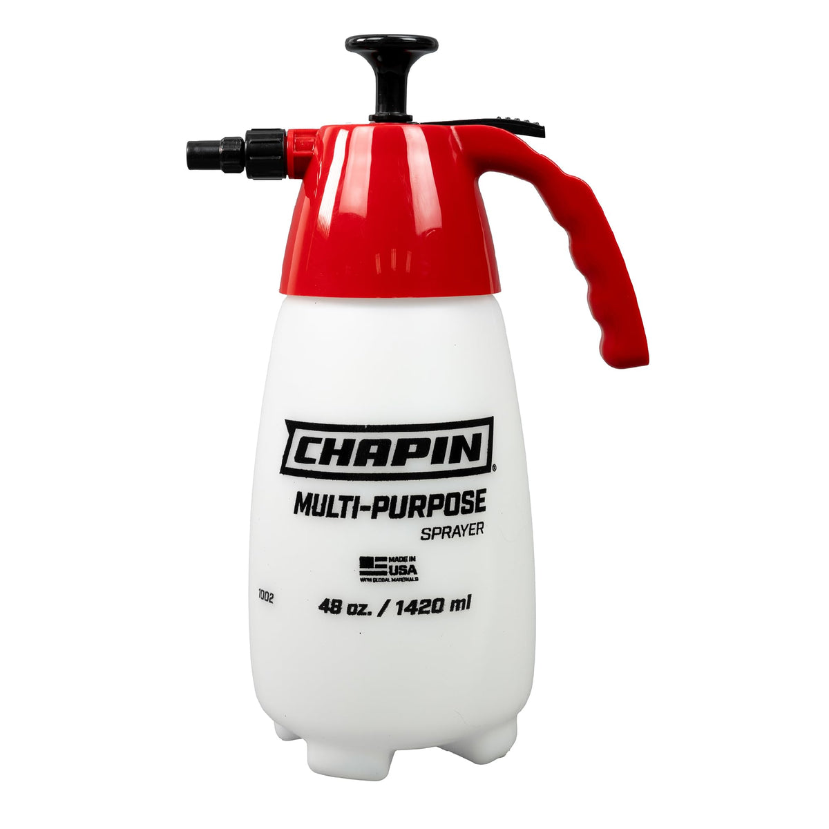 CHAPIN pulverizador frontal mostrando el depósito y el mango, fácil de manejar