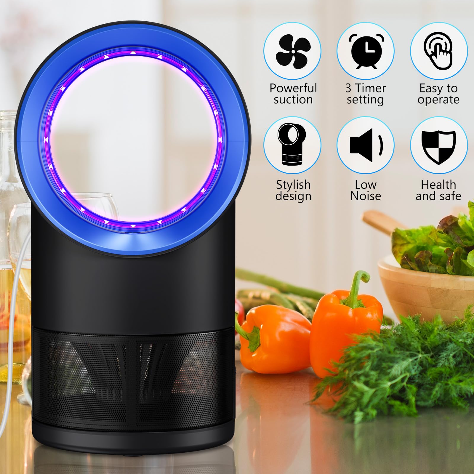 CHEER UPs trampa en uso sobre encimera de cocina, control práctico de moscas