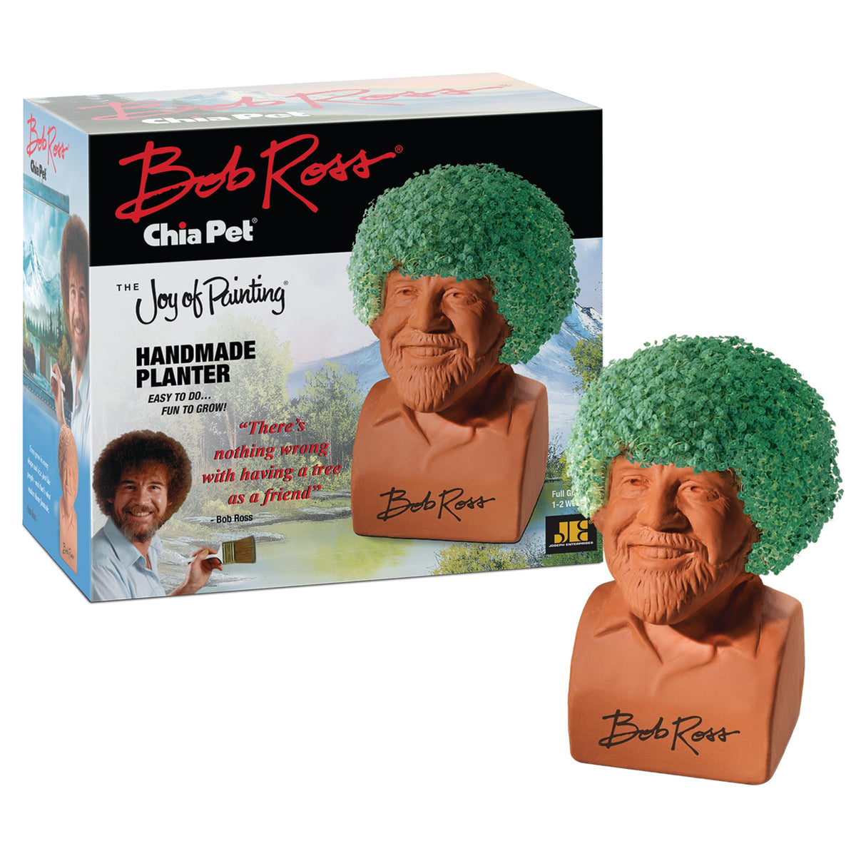 Chia Bob Ross vista frontal mostrando la cerámica y el diseño divertido
