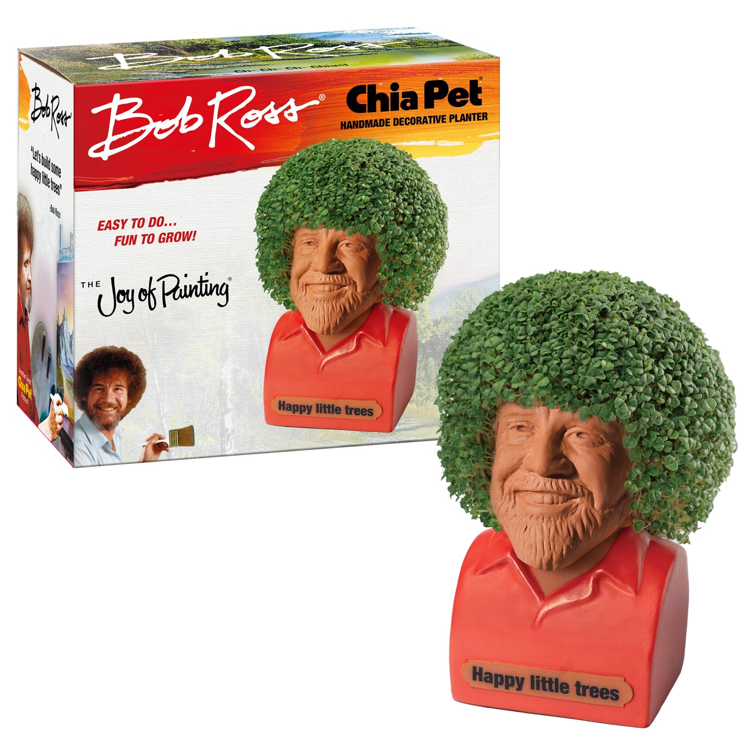 Chia Bob Ross frente mostrando la maceta cerámica y su diseño fiel, Chia añade encanto decorativo